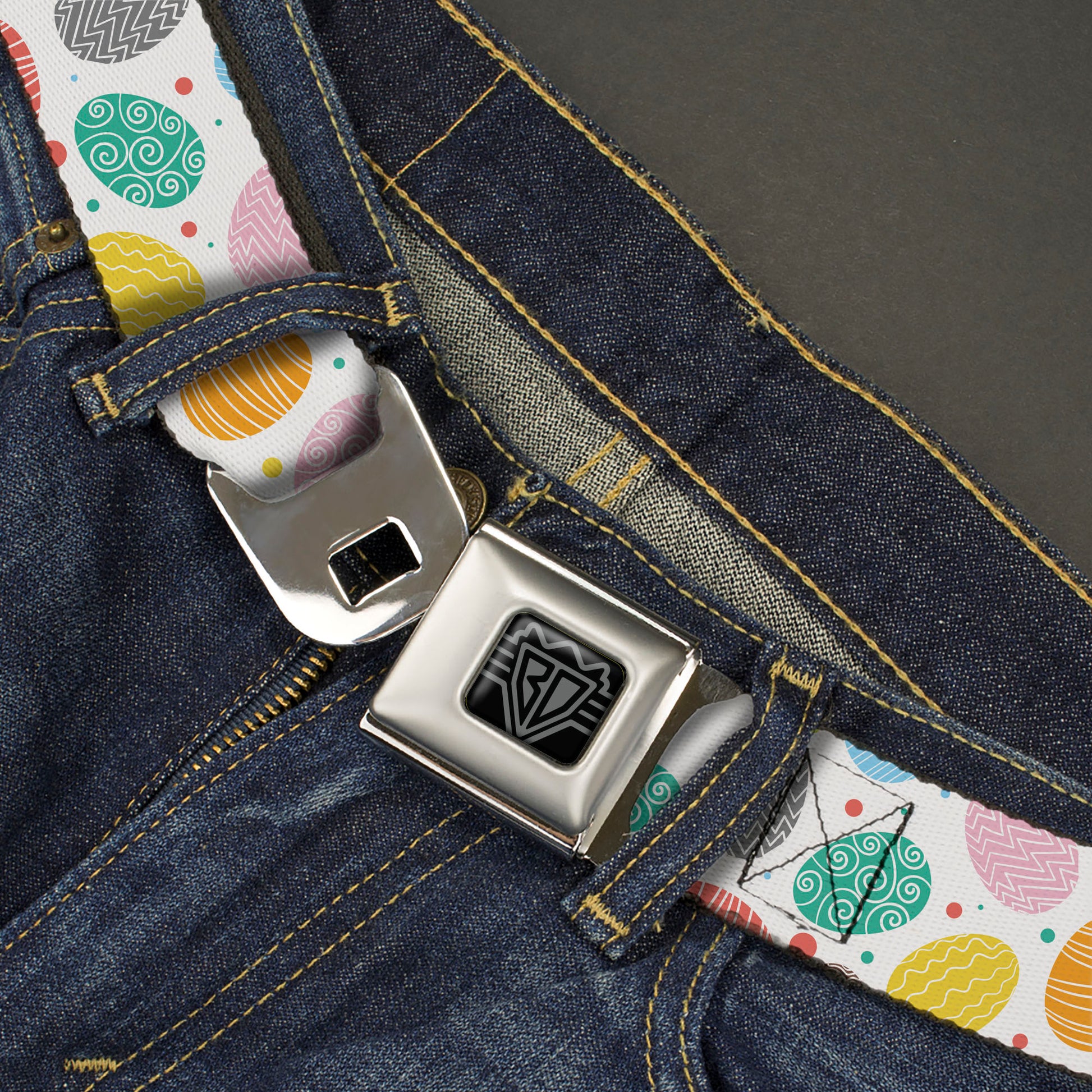 BD Wings Logo CLOSE-UP Black/Silver Seatbelt Belt - Easter Eggs Decorated Eggs Scattered White/Multi Color Webbing Seatbelt Belts Buckle-Down