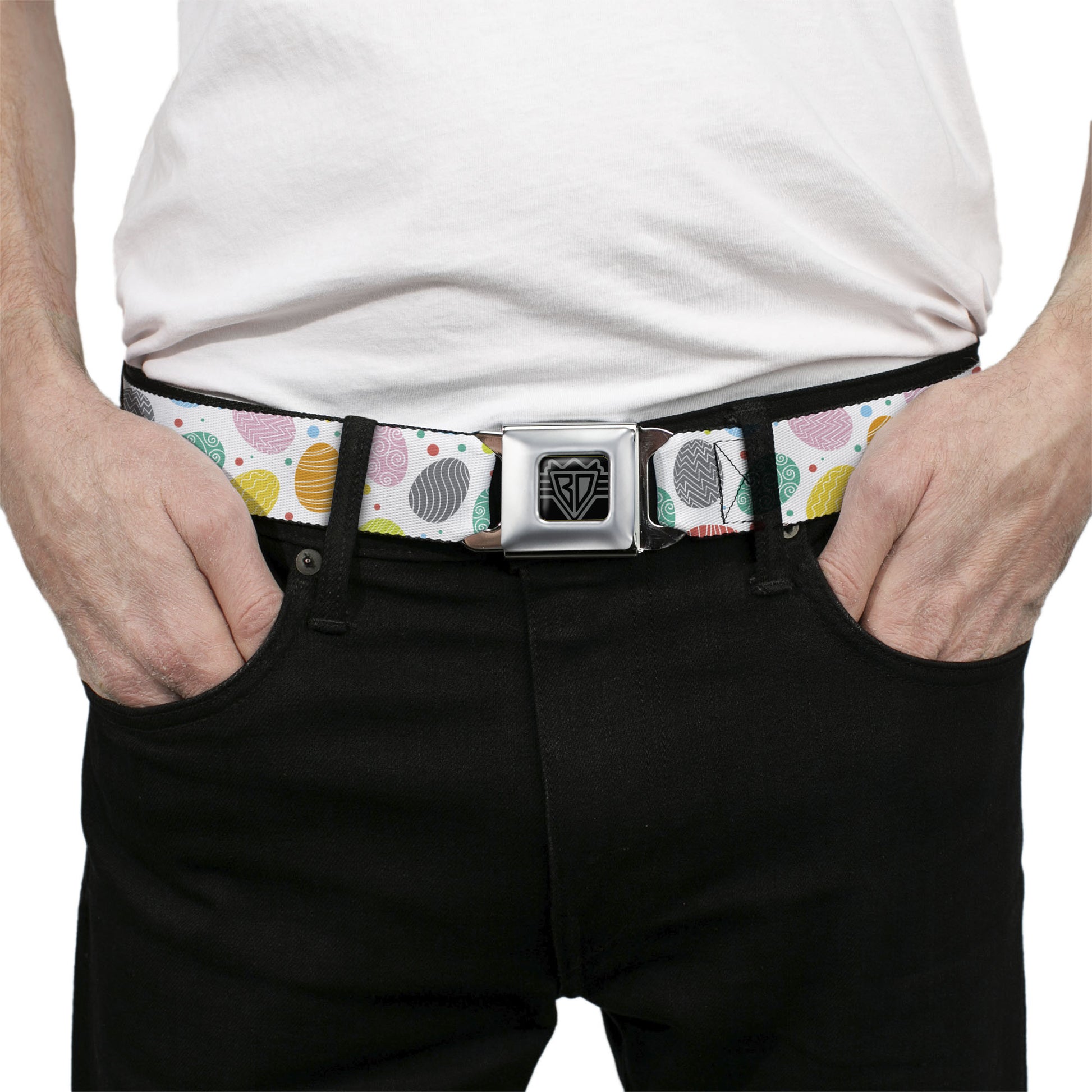 BD Wings Logo CLOSE-UP Black/Silver Seatbelt Belt - Easter Eggs Decorated Eggs Scattered White/Multi Color Webbing Seatbelt Belts Buckle-Down