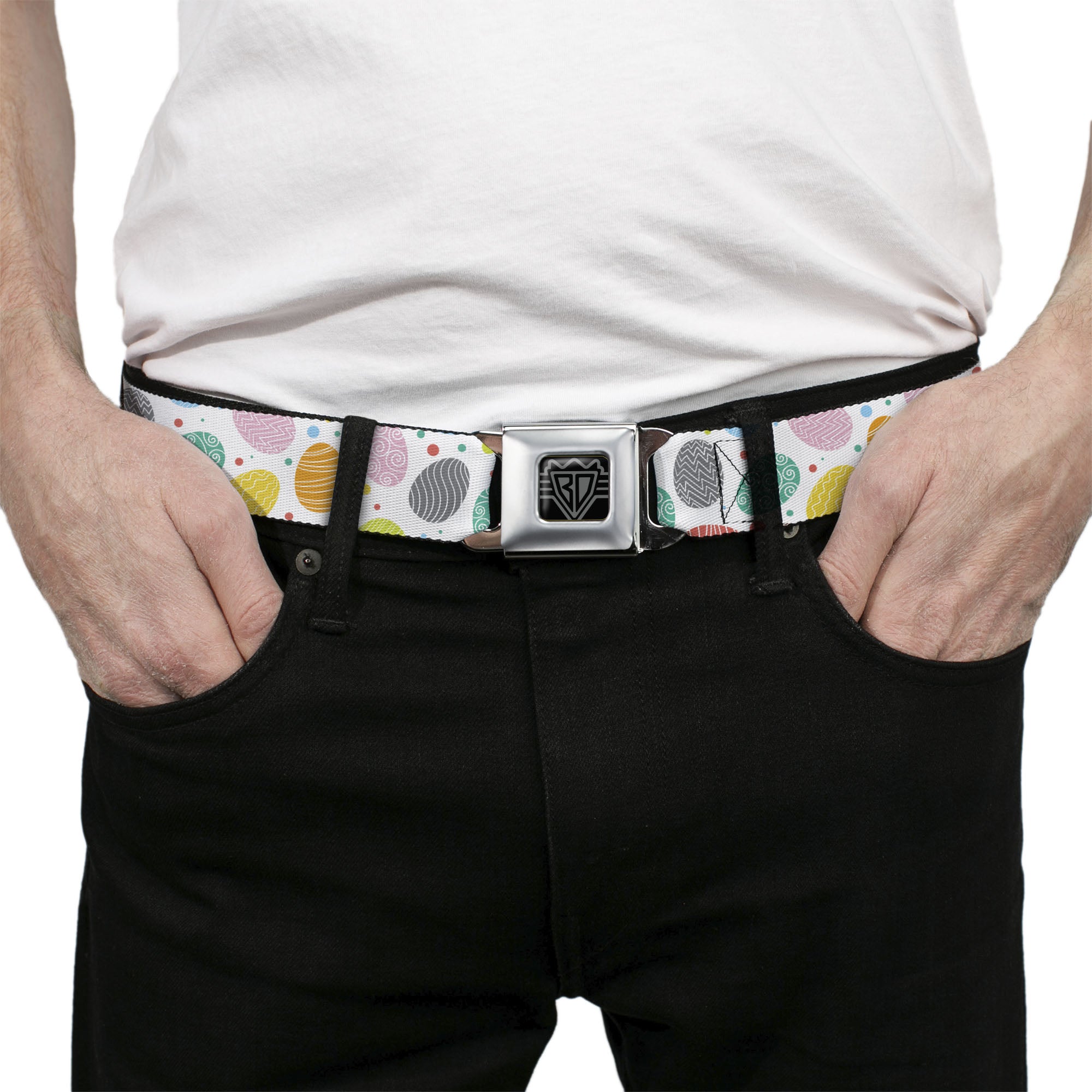 BD Wings Logo CLOSE-UP Black/Silver Seatbelt Belt - Easter Eggs Decorated Eggs Scattered White/Multi Color Webbing Seatbelt Belts Buckle-Down