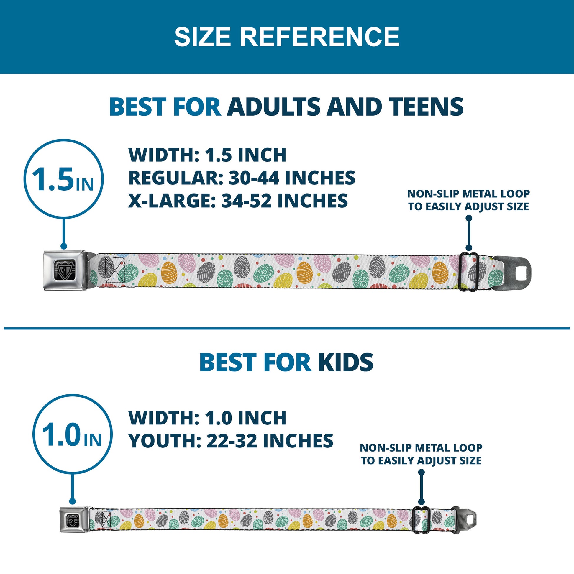 BD Wings Logo CLOSE-UP Black/Silver Seatbelt Belt - Easter Eggs Decorated Eggs Scattered White/Multi Color Webbing Seatbelt Belts Buckle-Down