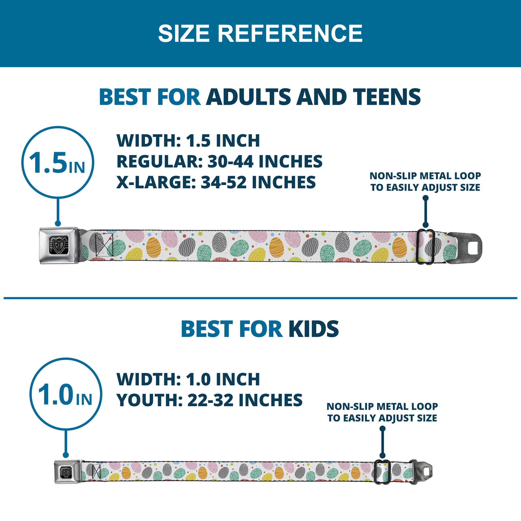 BD Wings Logo CLOSE-UP Black/Silver Seatbelt Belt - Easter Eggs Decorated Eggs Scattered White/Multi Color Webbing Seatbelt Belts Buckle-Down