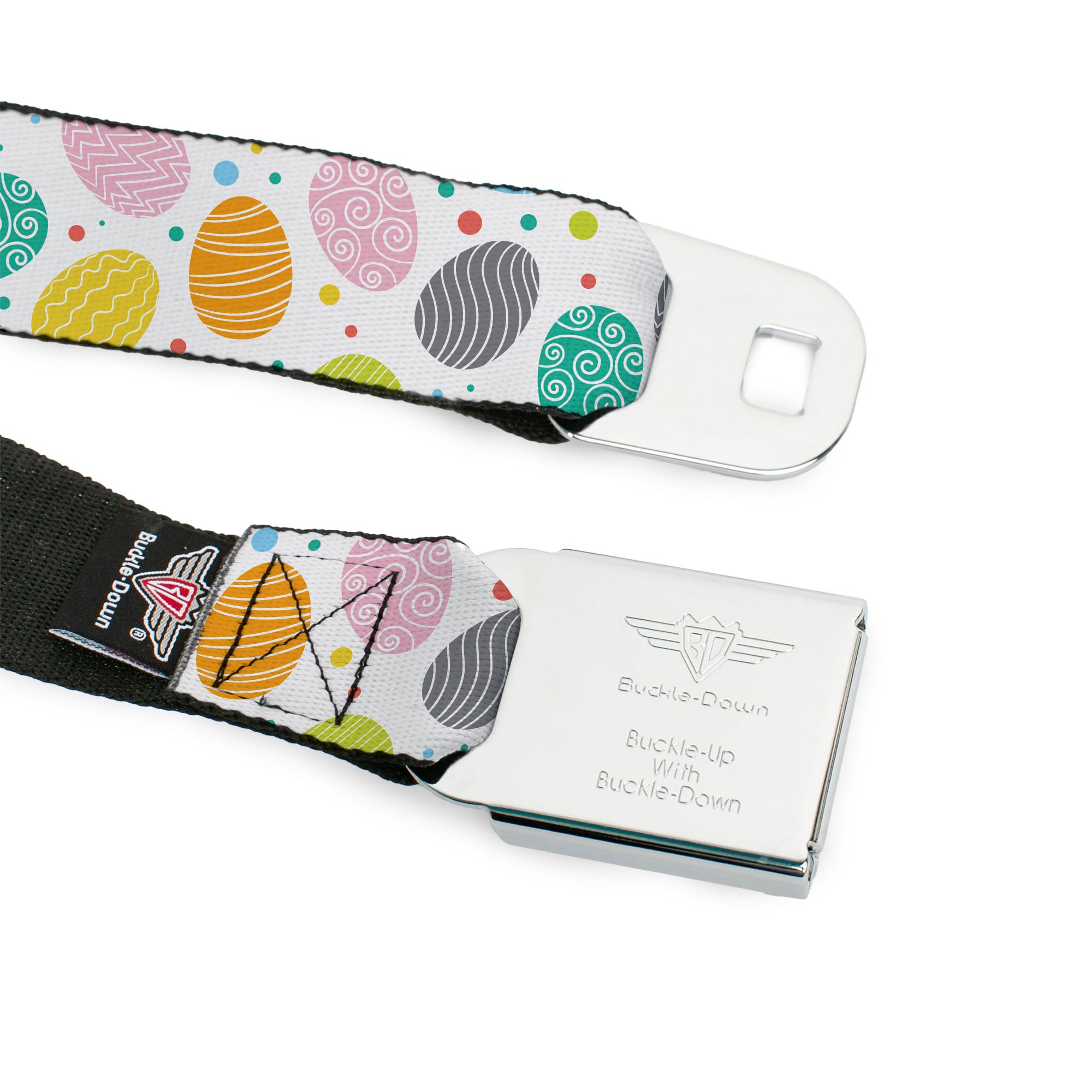 BD Wings Logo CLOSE-UP Black/Silver Seatbelt Belt - Easter Eggs Decorated Eggs Scattered White/Multi Color Webbing Seatbelt Belts Buckle-Down