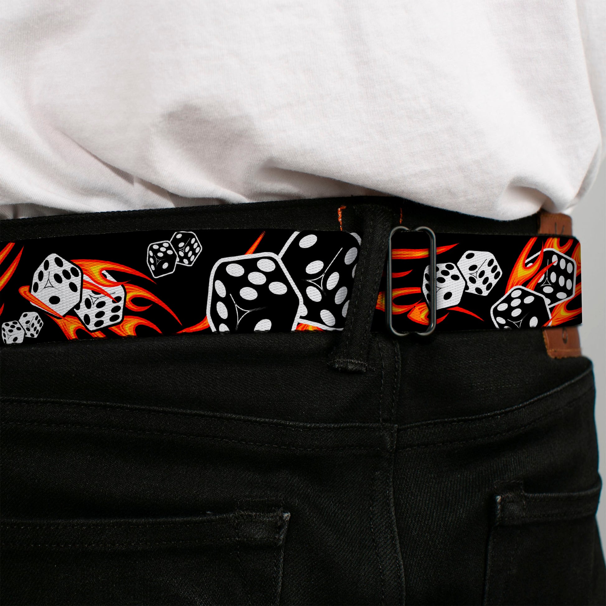 BD Wings Logo CLOSE-UP Full Color Black Silver Seatbelt Belt - Flaming Dice Webbing Seatbelt Belts Buckle-Down
