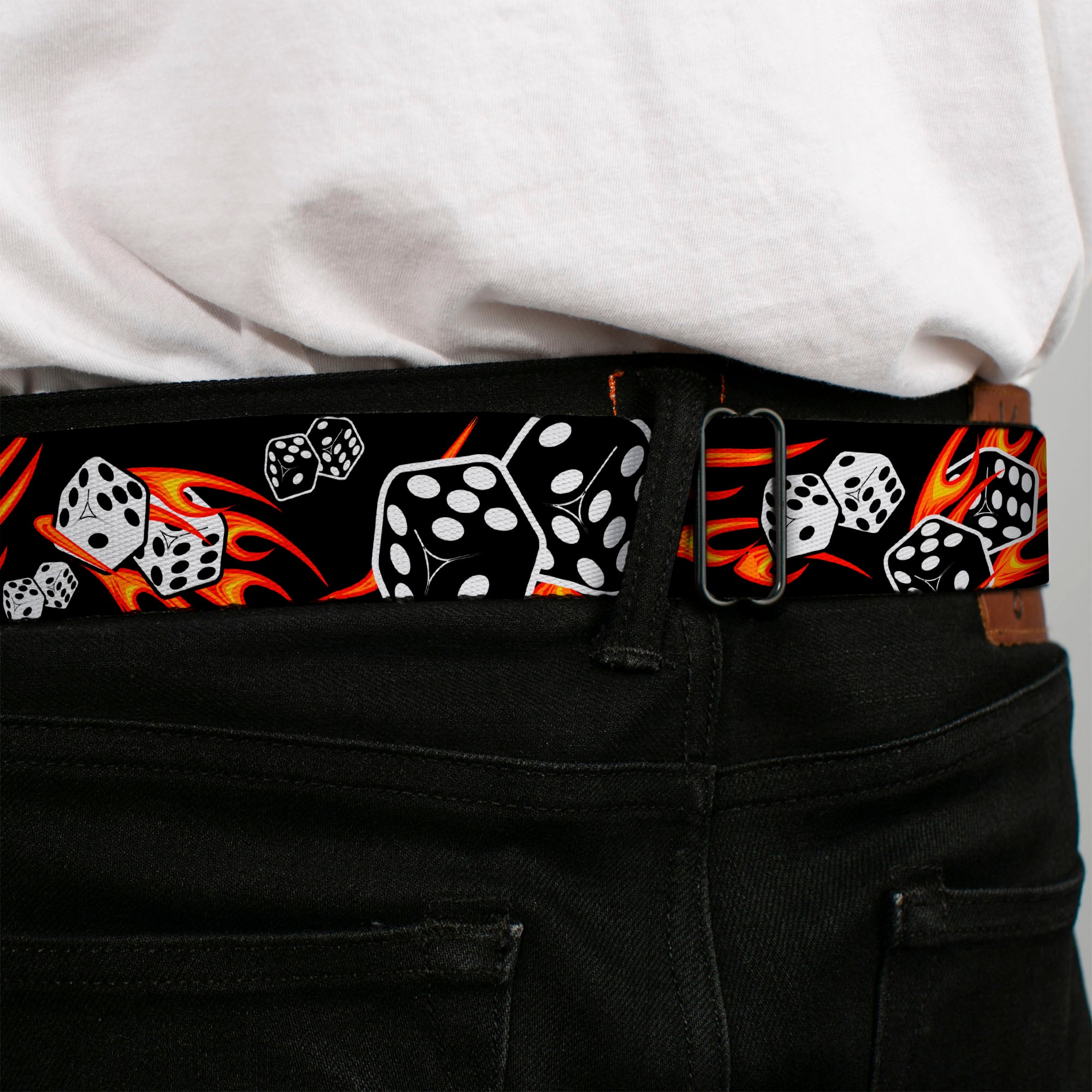 BD Wings Logo CLOSE-UP Full Color Black Silver Seatbelt Belt - Flaming Dice Webbing Seatbelt Belts Buckle-Down