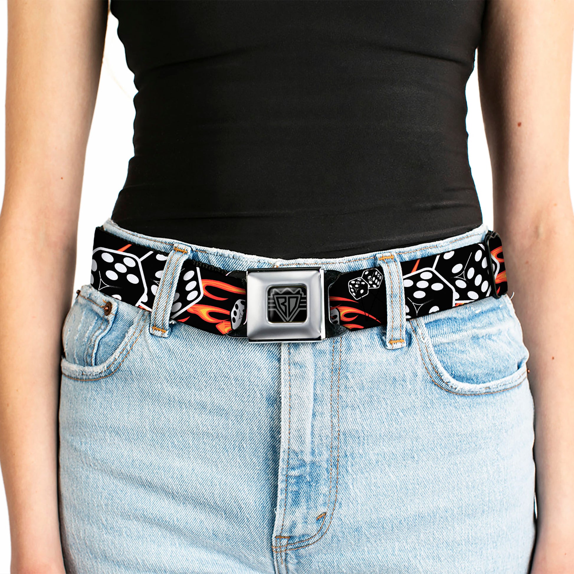 BD Wings Logo CLOSE-UP Full Color Black Silver Seatbelt Belt - Flaming Dice Webbing Seatbelt Belts Buckle-Down