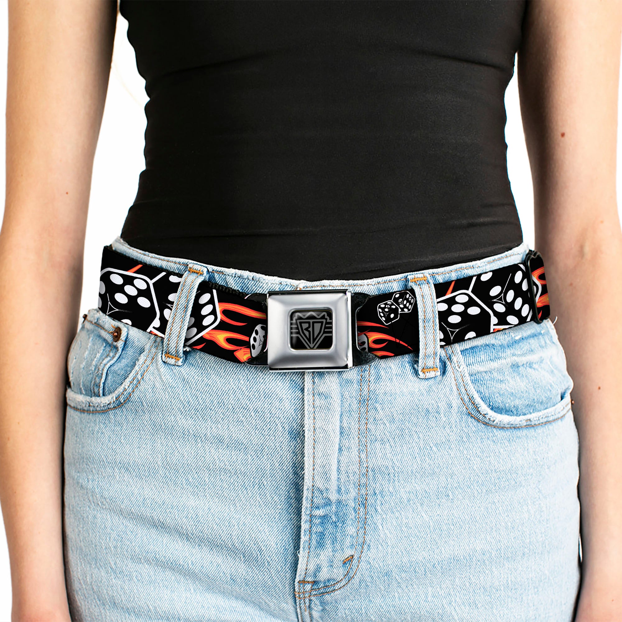 BD Wings Logo CLOSE-UP Full Color Black Silver Seatbelt Belt - Flaming Dice Webbing Seatbelt Belts Buckle-Down