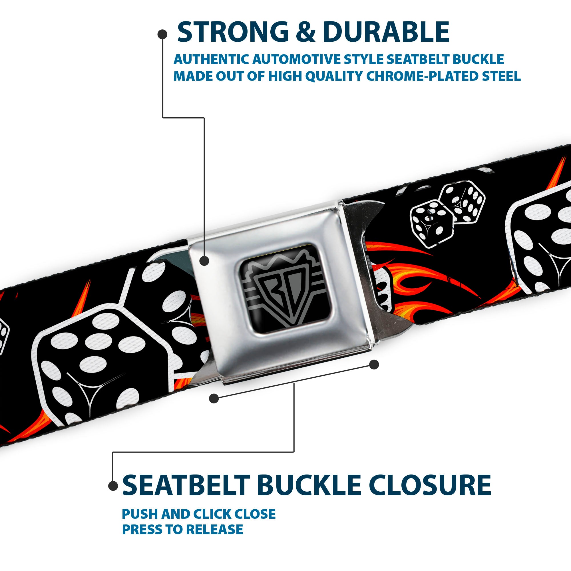 BD Wings Logo CLOSE-UP Full Color Black Silver Seatbelt Belt - Flaming Dice Webbing Seatbelt Belts Buckle-Down