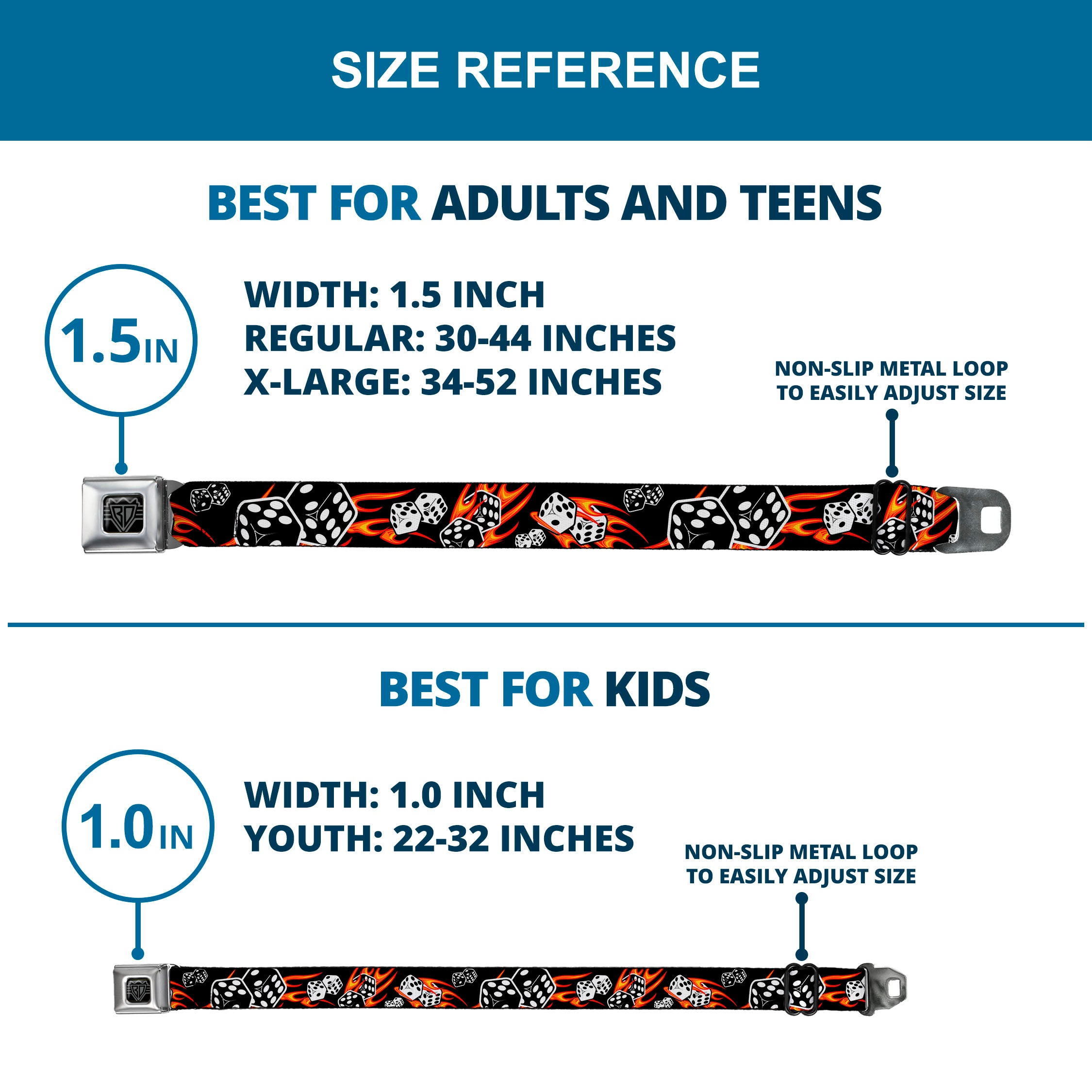 BD Wings Logo CLOSE-UP Full Color Black Silver Seatbelt Belt - Flaming Dice Webbing Seatbelt Belts Buckle-Down