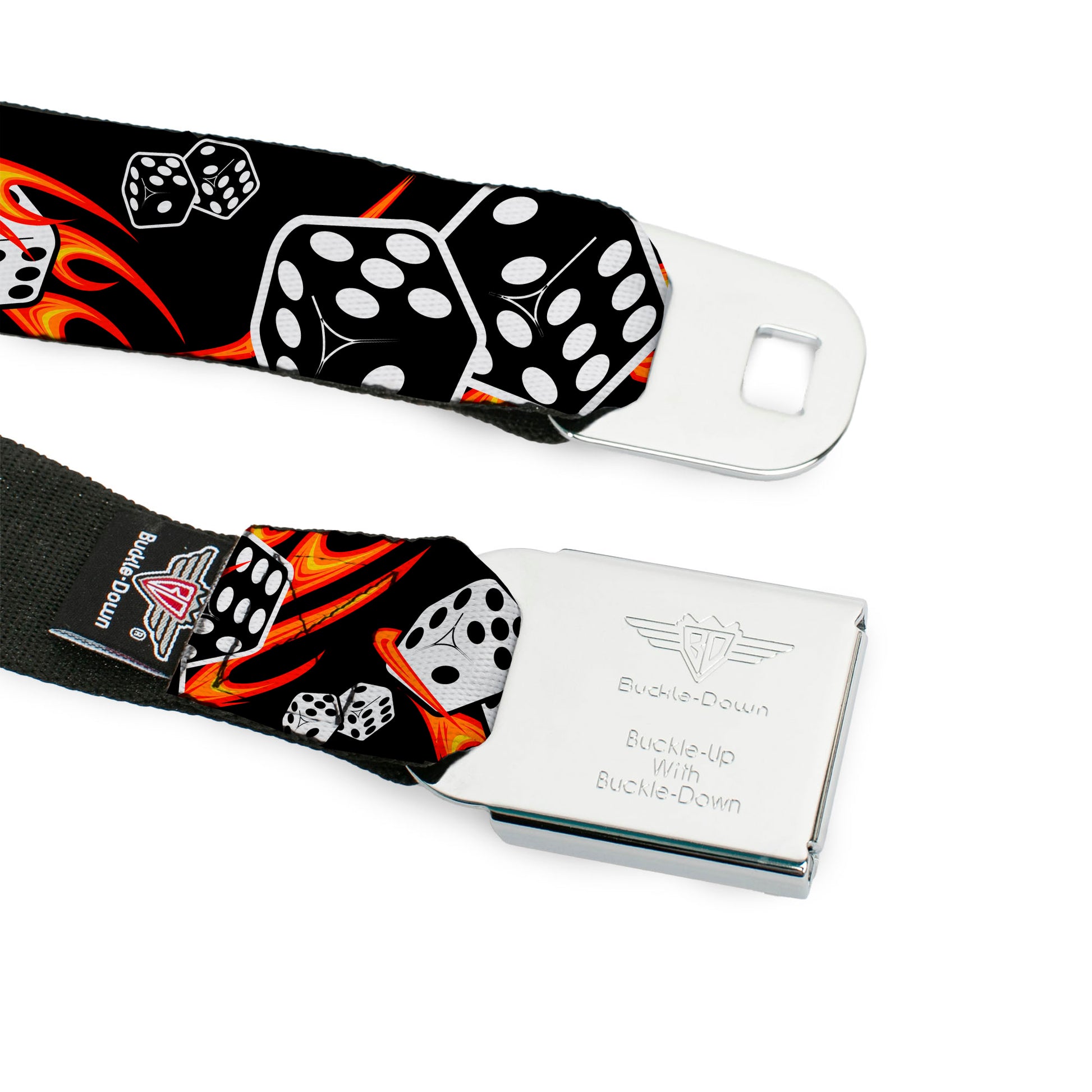 BD Wings Logo CLOSE-UP Full Color Black Silver Seatbelt Belt - Flaming Dice Webbing Seatbelt Belts Buckle-Down