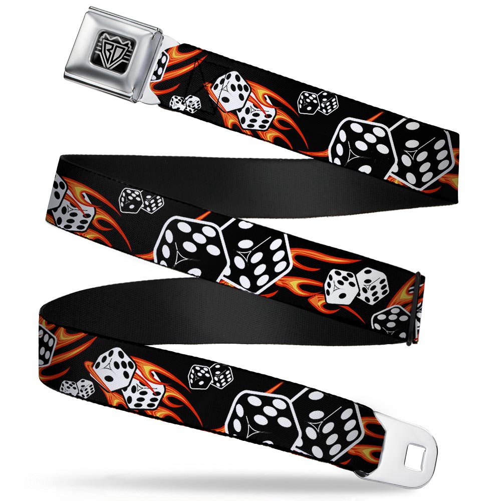 BD Wings Logo CLOSE-UP Full Color Black Silver Seatbelt Belt - Flaming Dice Webbing Seatbelt Belts Buckle-Down