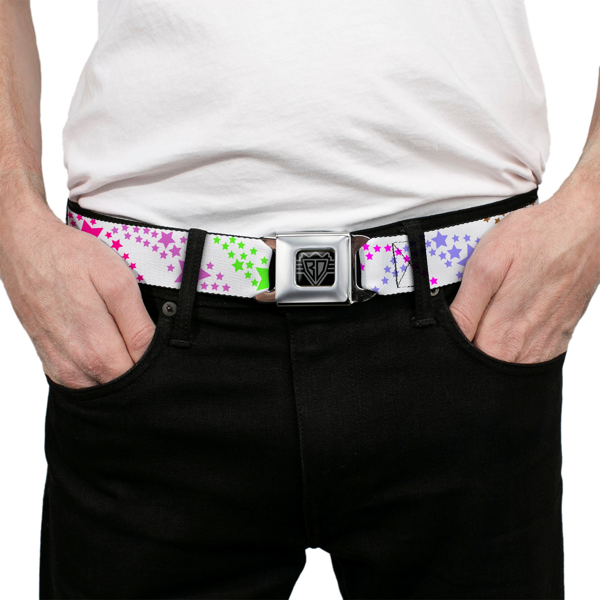 BD Wings Logo CLOSE-UP Full Color Black Silver Seatbelt Belt - Falling Stars White/Multi Color Webbing Seatbelt Belts Buckle-Down