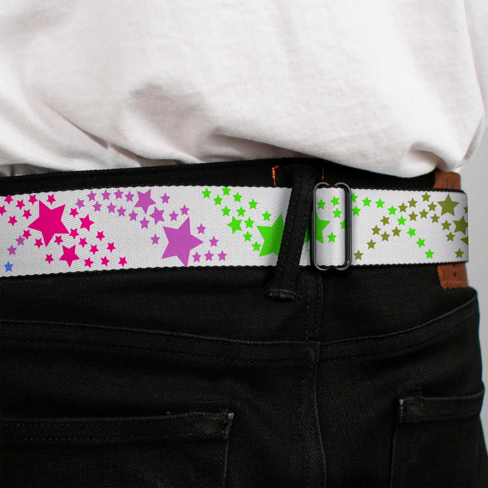 BD Wings Logo CLOSE-UP Full Color Black Silver Seatbelt Belt - Falling Stars White/Multi Color Webbing Seatbelt Belts Buckle-Down