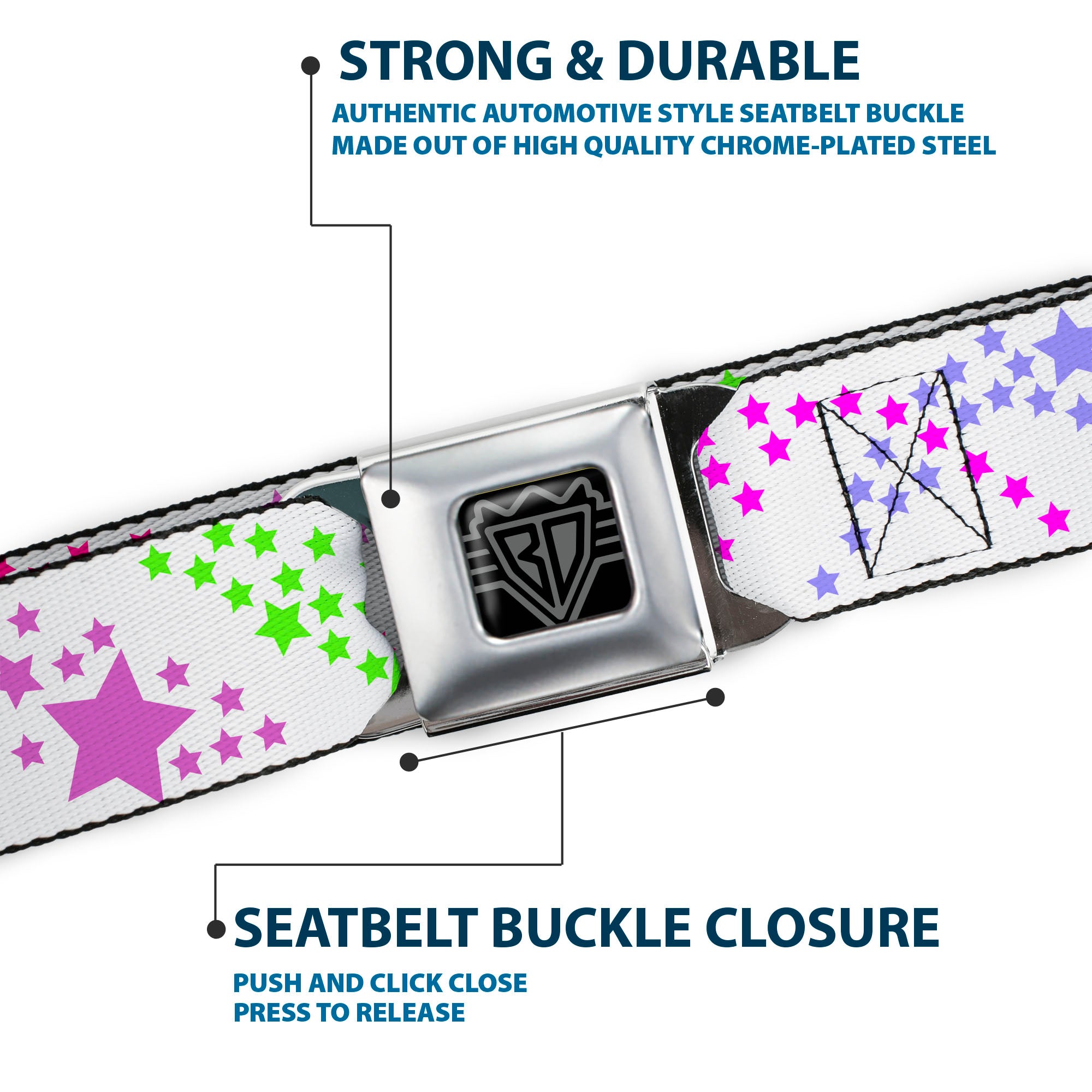 BD Wings Logo CLOSE-UP Full Color Black Silver Seatbelt Belt - Falling Stars White/Multi Color Webbing Seatbelt Belts Buckle-Down