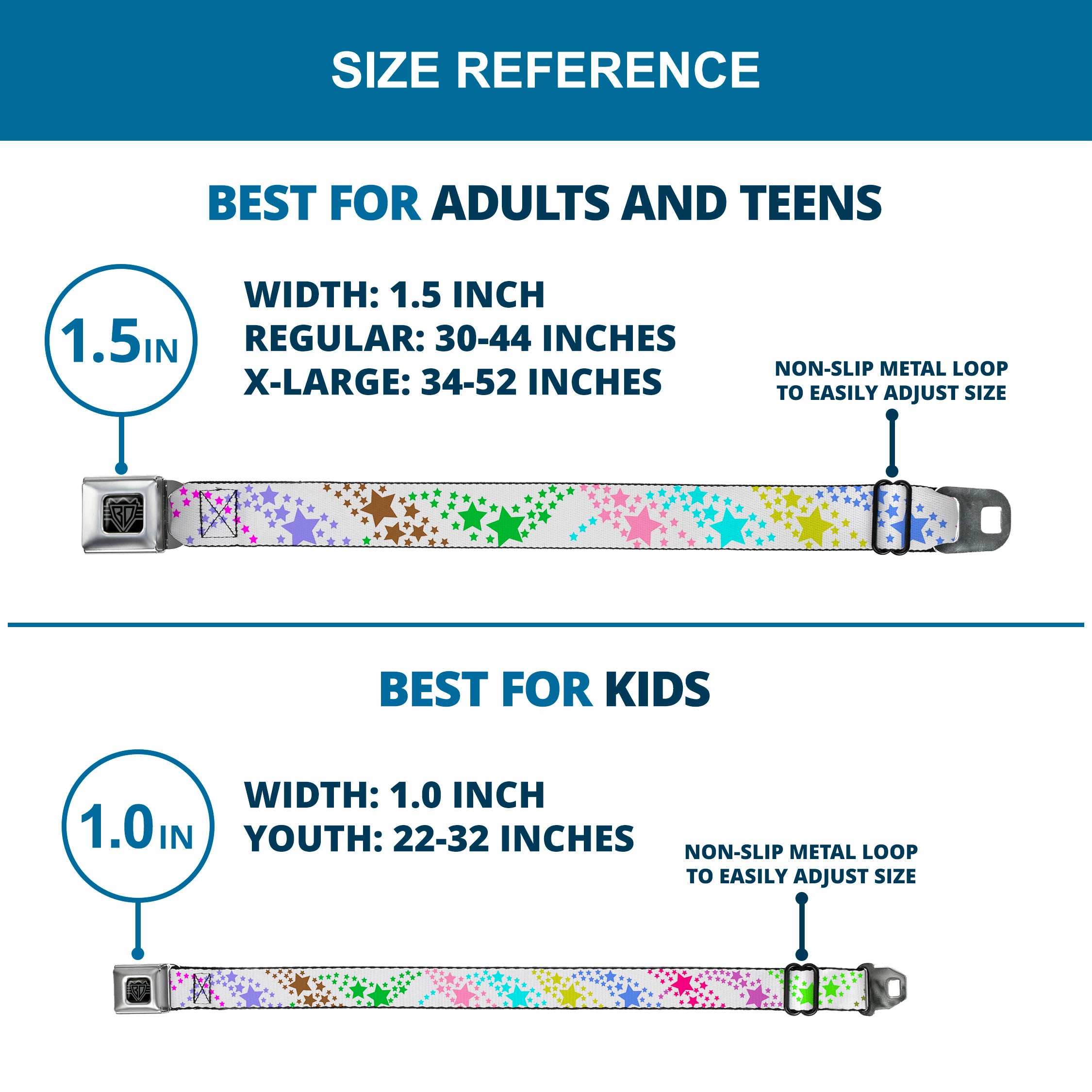 BD Wings Logo CLOSE-UP Full Color Black Silver Seatbelt Belt - Falling Stars White/Multi Color Webbing Seatbelt Belts Buckle-Down