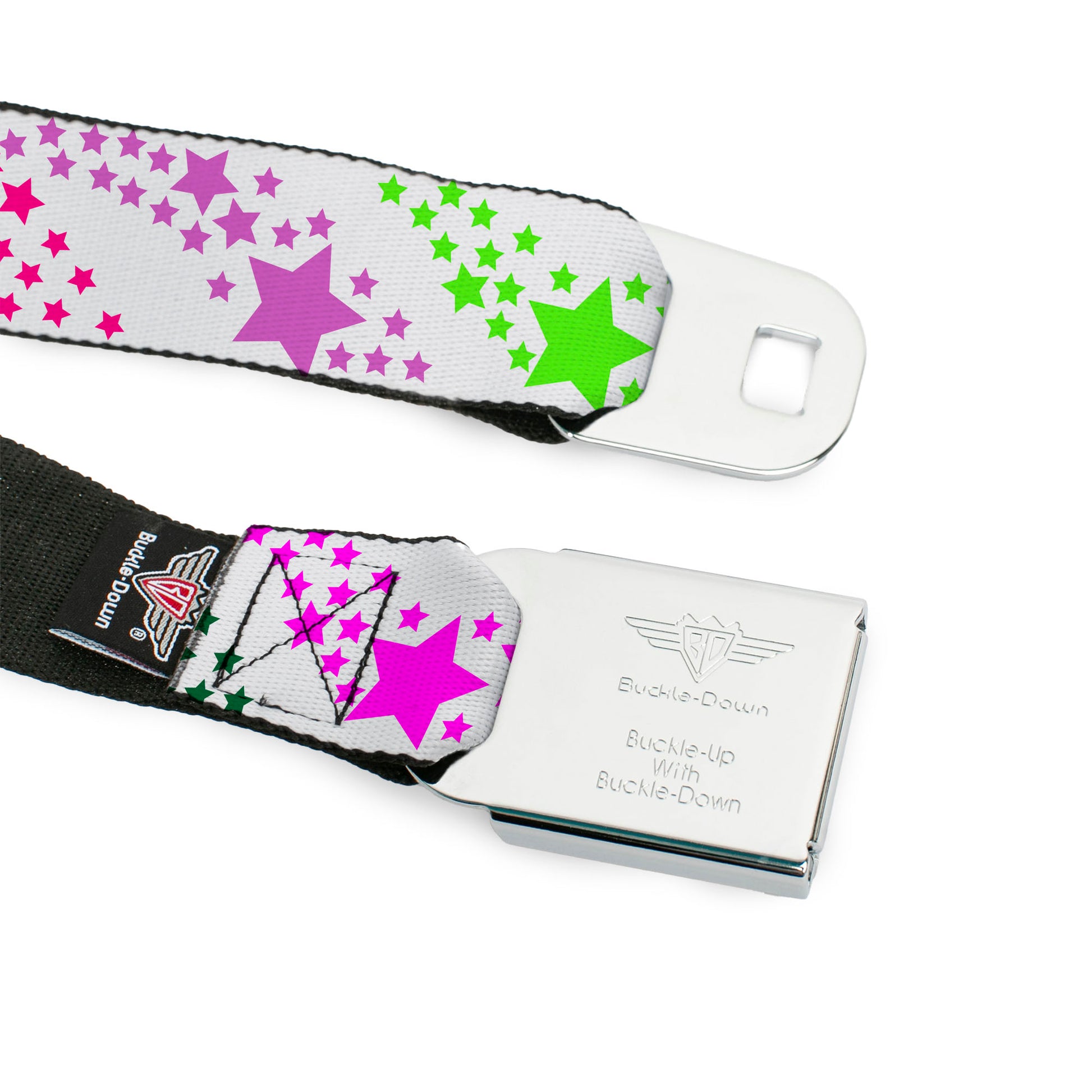 BD Wings Logo CLOSE-UP Full Color Black Silver Seatbelt Belt - Falling Stars White/Multi Color Webbing Seatbelt Belts Buckle-Down