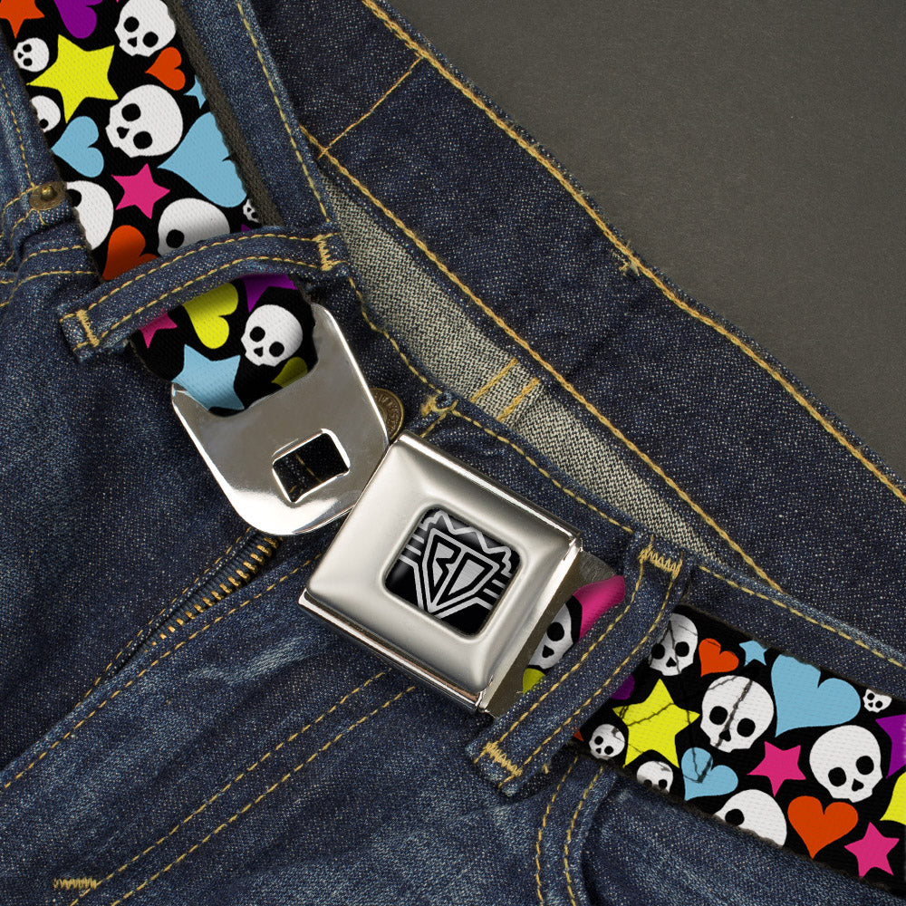 BD Wings Logo CLOSE-UP Full Color Black Silver Seatbelt Belt - Funky Skulls Hearts & Stars Black/Multi Color Webbing Seatbelt Belts Buckle-Down