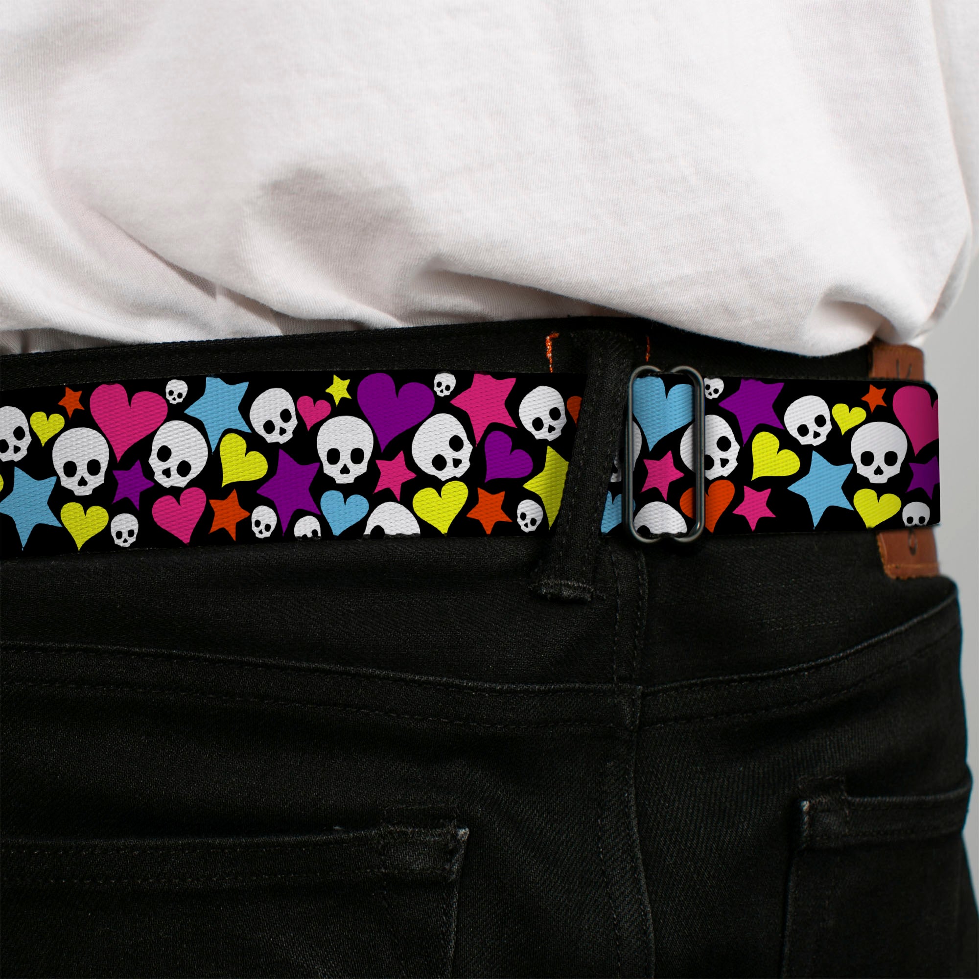 BD Wings Logo CLOSE-UP Full Color Black Silver Seatbelt Belt - Funky Skulls Hearts & Stars Black/Multi Color Webbing Seatbelt Belts Buckle-Down