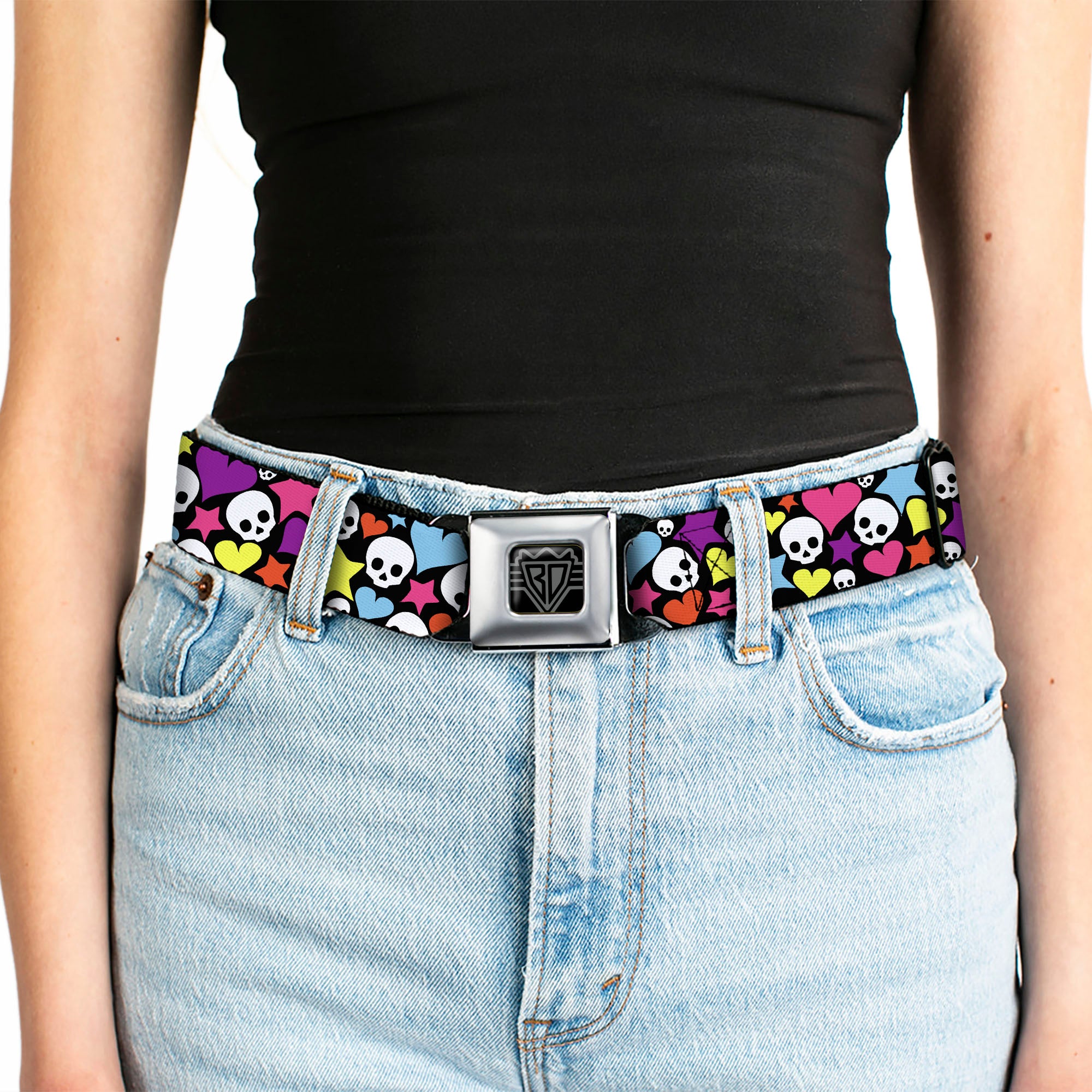 BD Wings Logo CLOSE-UP Full Color Black Silver Seatbelt Belt - Funky Skulls Hearts & Stars Black/Multi Color Webbing Seatbelt Belts Buckle-Down