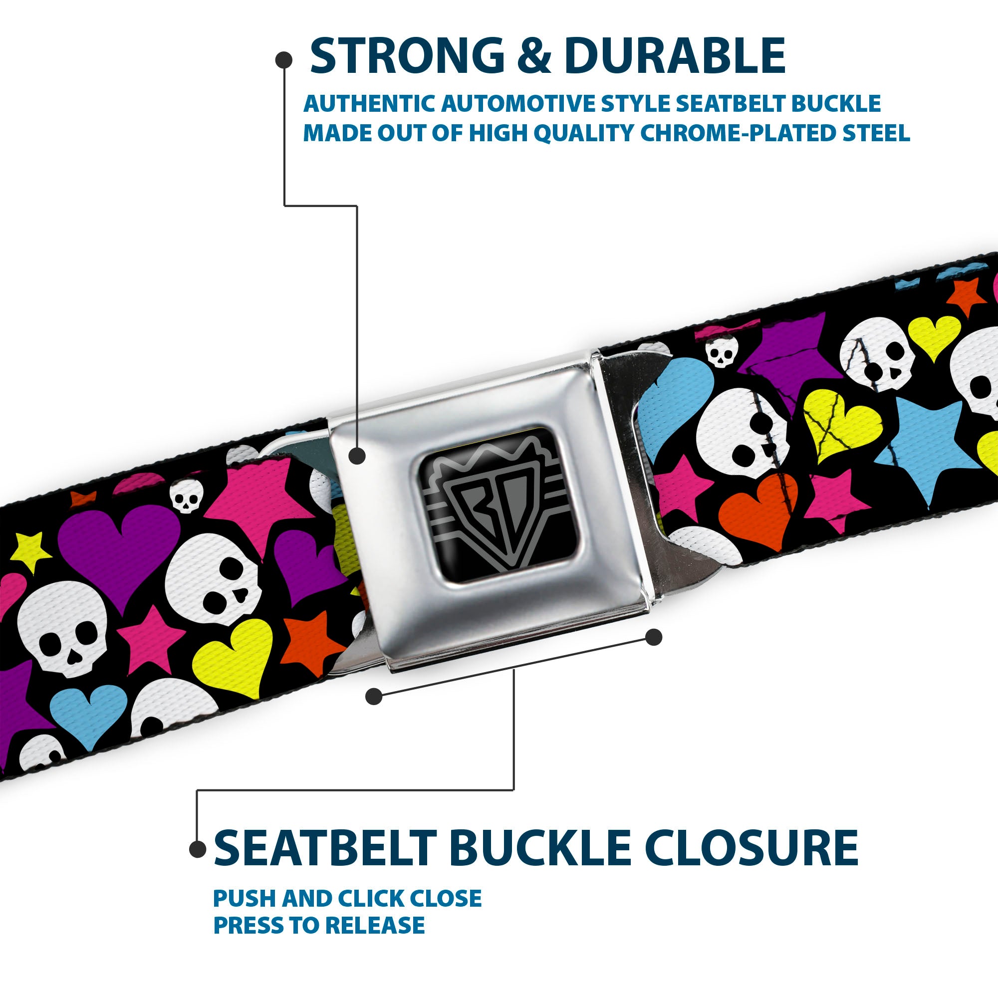 BD Wings Logo CLOSE-UP Full Color Black Silver Seatbelt Belt - Funky Skulls Hearts & Stars Black/Multi Color Webbing Seatbelt Belts Buckle-Down