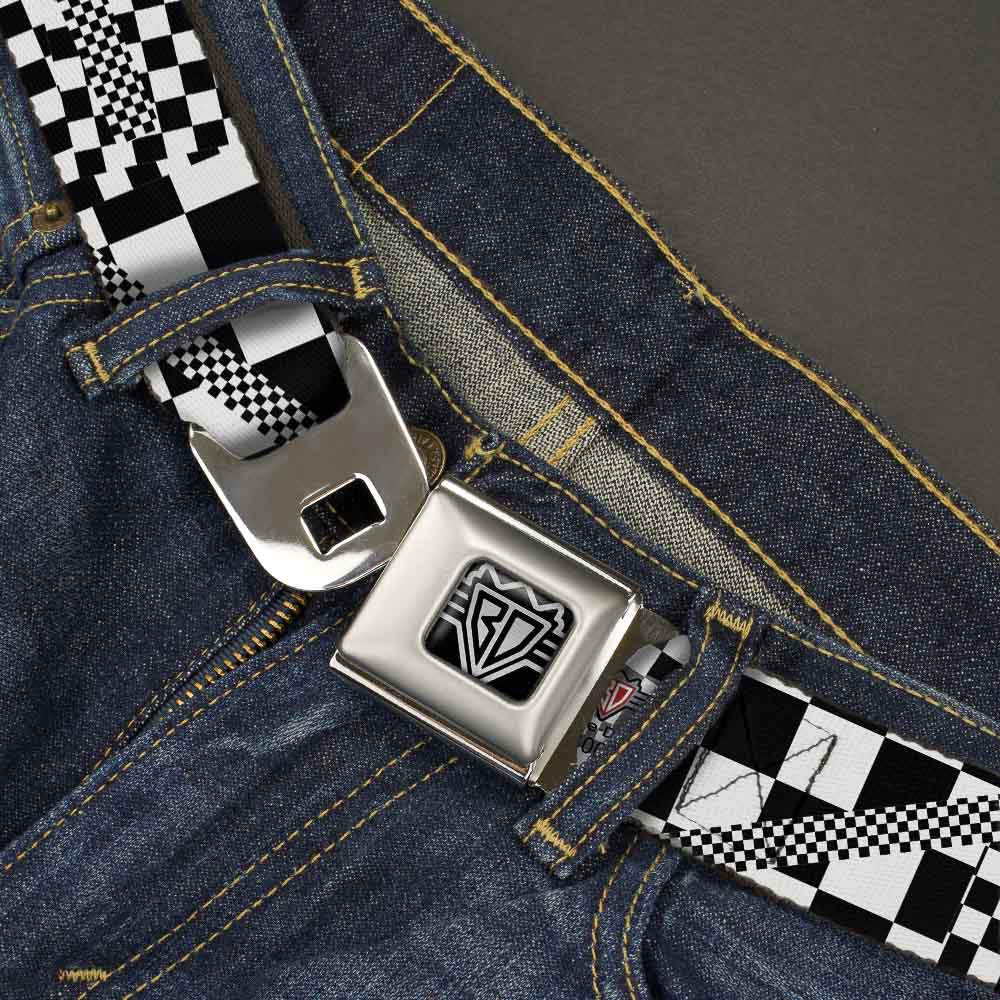 BD Wings Logo CLOSE-UP Full Color Black Silver Seatbelt Belt - Funky Checkers Black/White Webbing Seatbelt Belts Buckle-Down