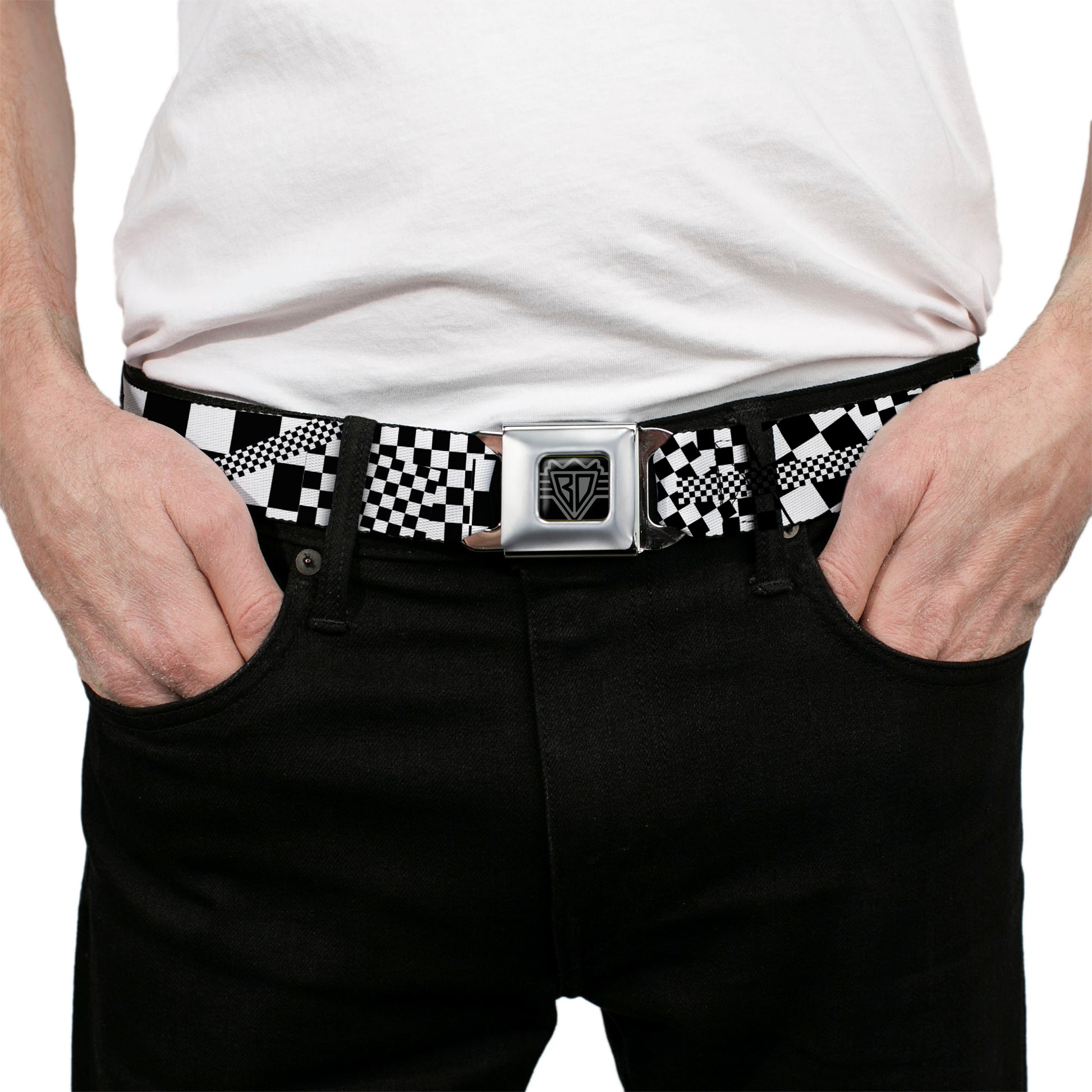BD Wings Logo CLOSE-UP Full Color Black Silver Seatbelt Belt - Funky Checkers Black/White Webbing Seatbelt Belts Buckle-Down