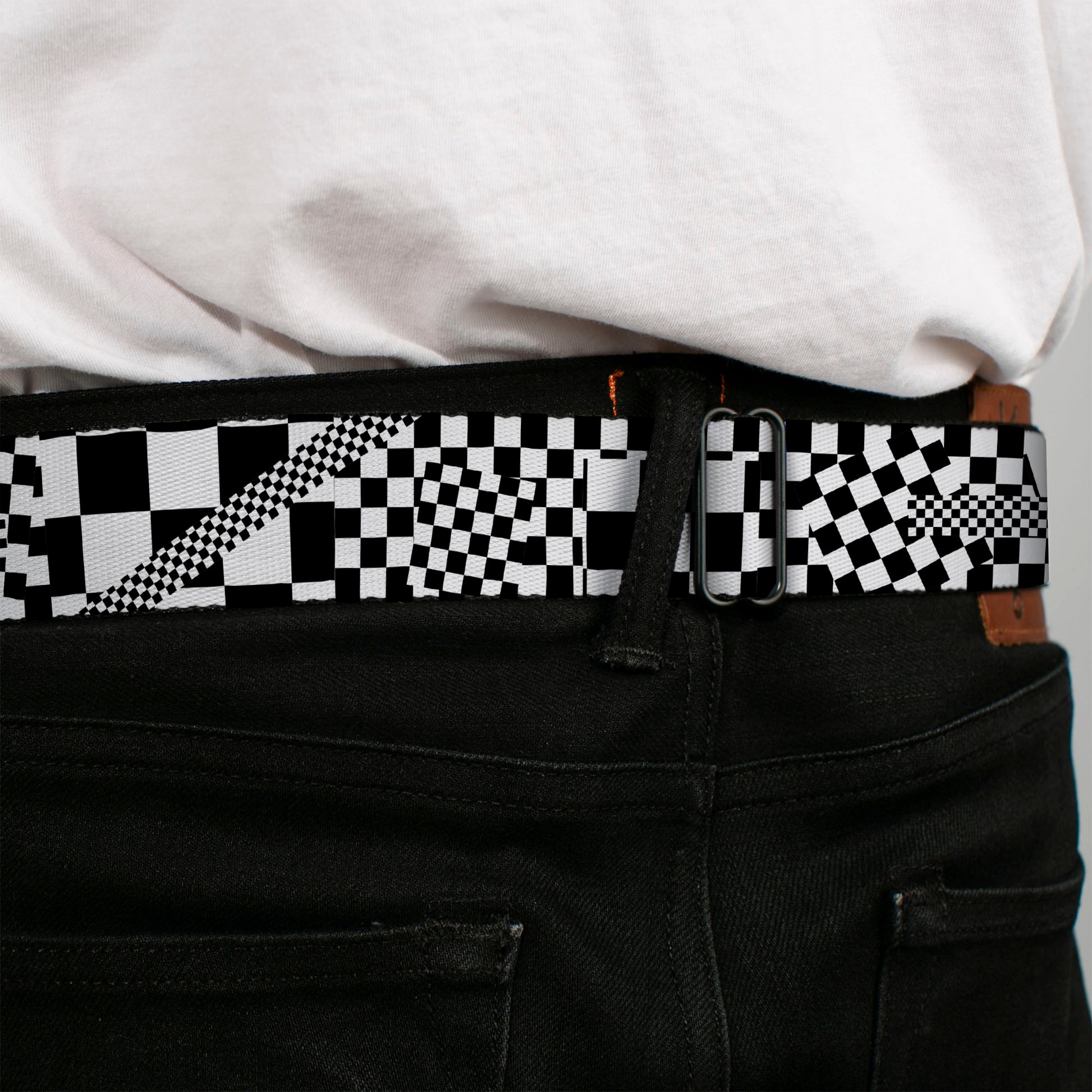 BD Wings Logo CLOSE-UP Full Color Black Silver Seatbelt Belt - Funky Checkers Black/White Webbing Seatbelt Belts Buckle-Down