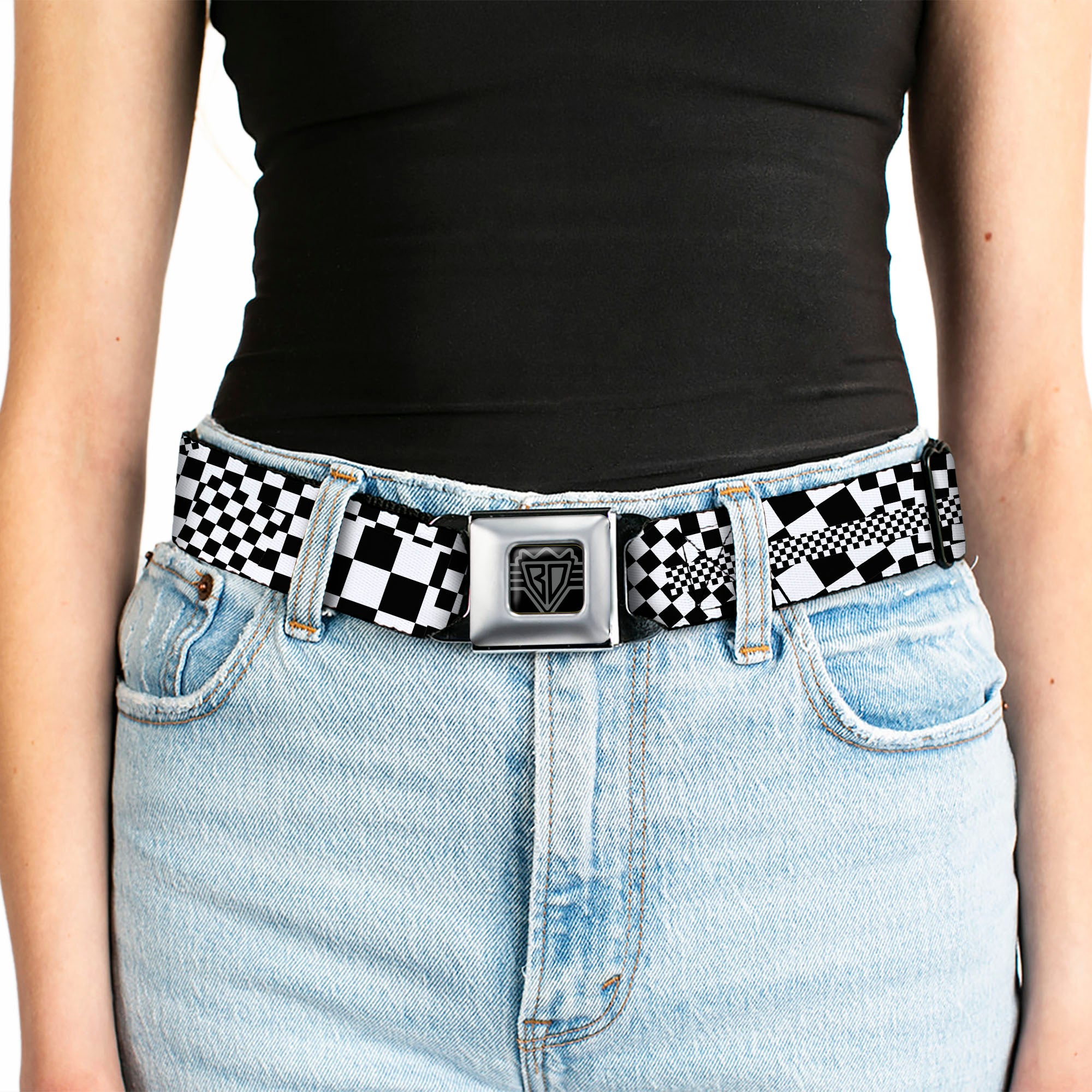 BD Wings Logo CLOSE-UP Full Color Black Silver Seatbelt Belt - Funky Checkers Black/White Webbing Seatbelt Belts Buckle-Down