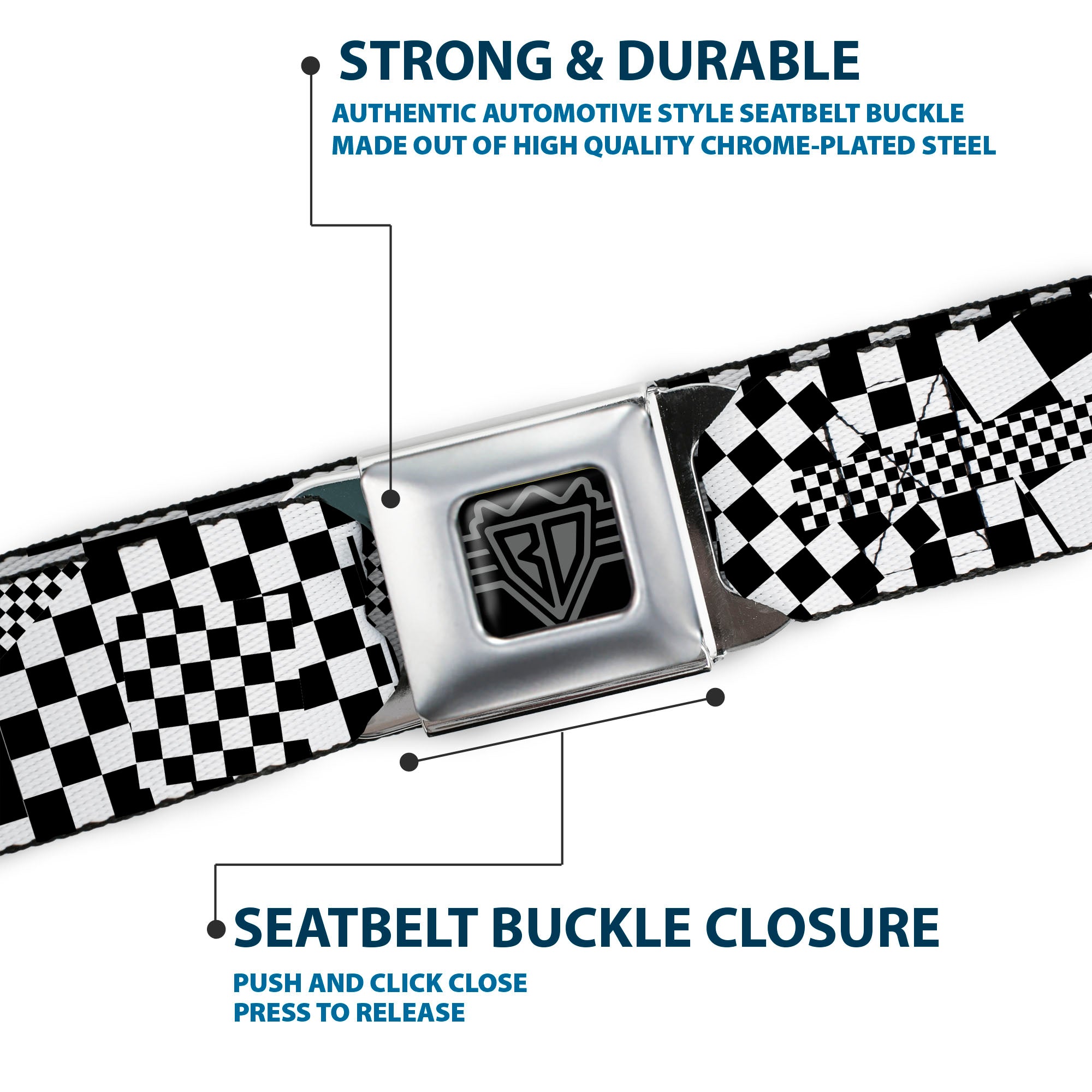 BD Wings Logo CLOSE-UP Full Color Black Silver Seatbelt Belt - Funky Checkers Black/White Webbing Seatbelt Belts Buckle-Down