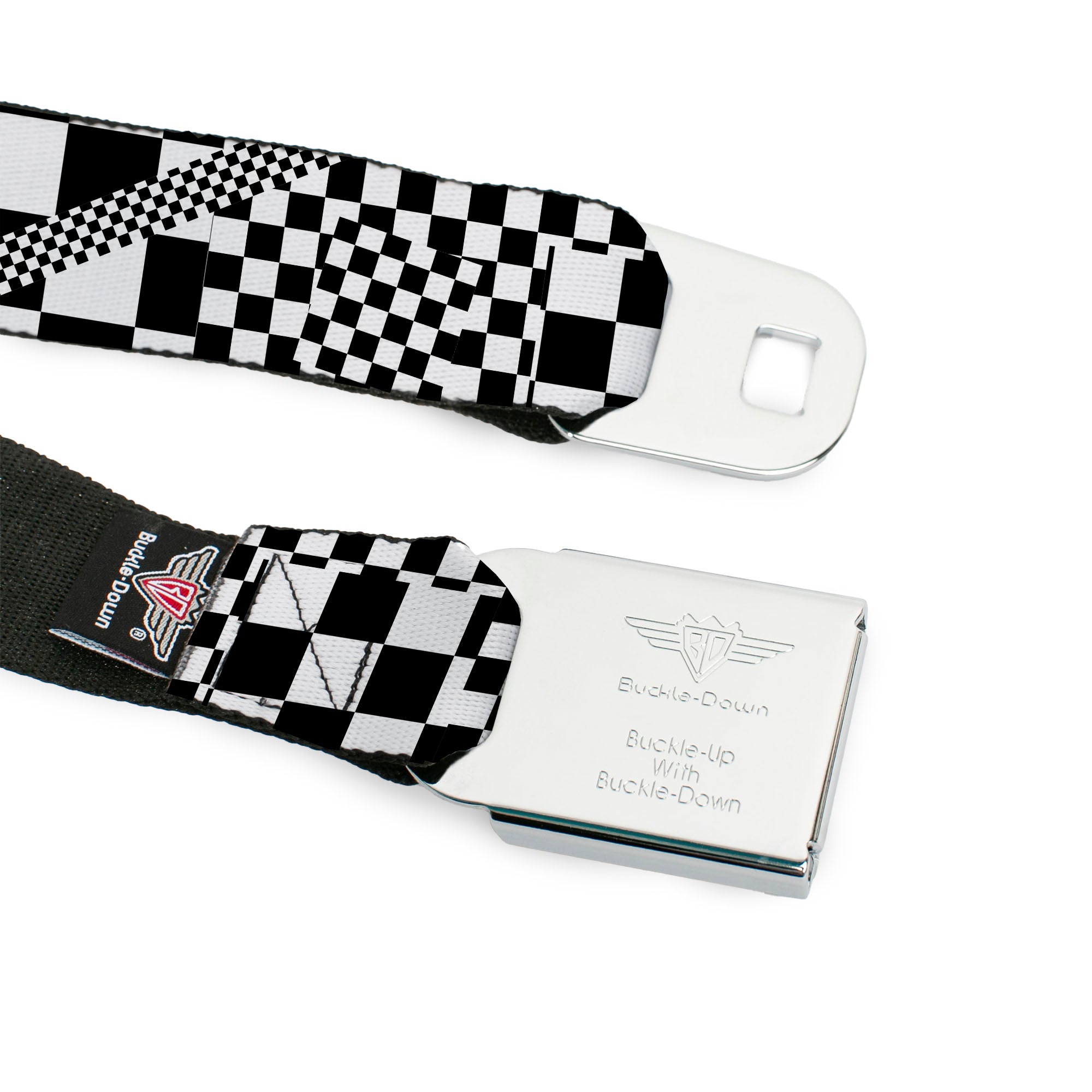 BD Wings Logo CLOSE-UP Full Color Black Silver Seatbelt Belt - Funky Checkers Black/White Webbing Seatbelt Belts Buckle-Down