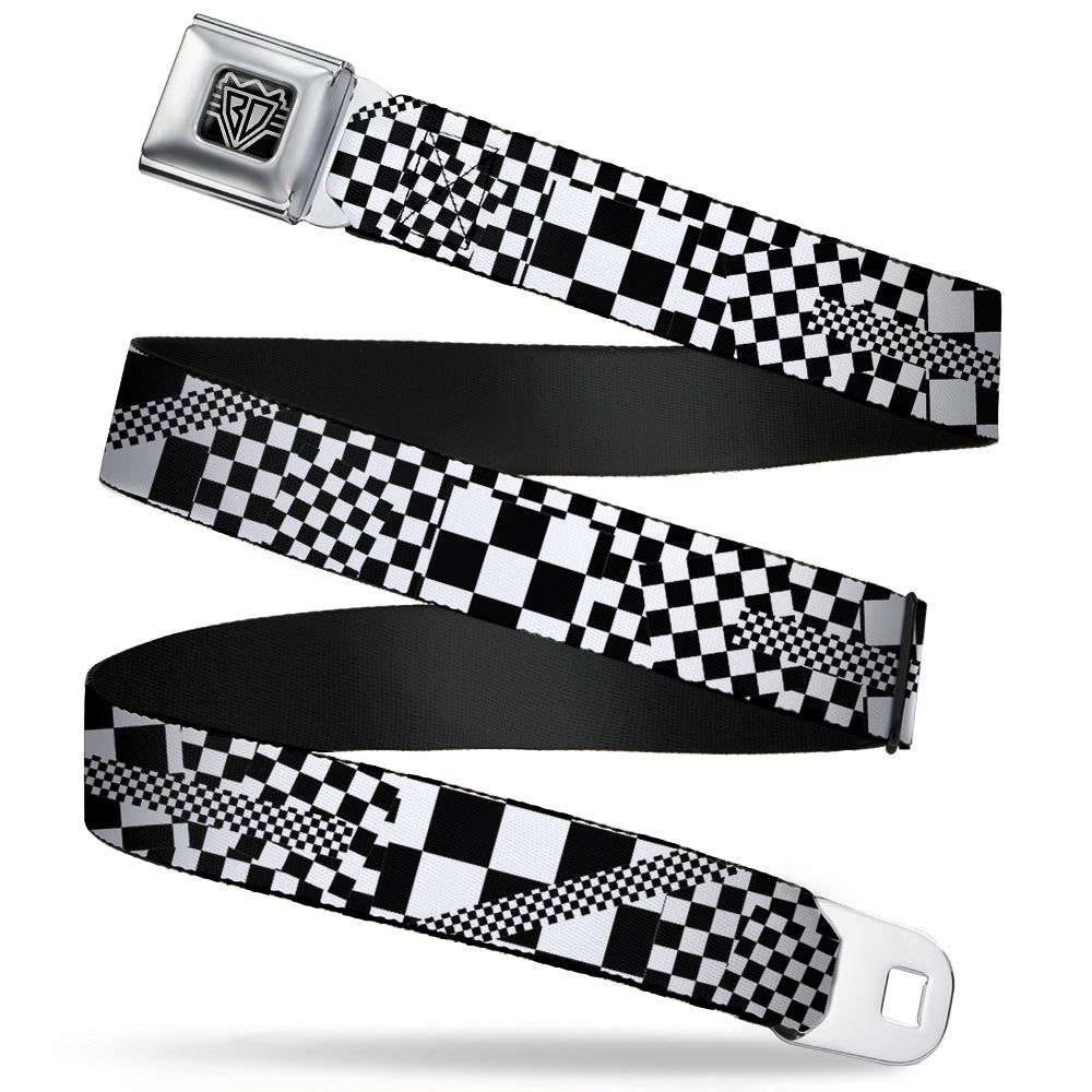 BD Wings Logo CLOSE-UP Full Color Black Silver Seatbelt Belt - Funky Checkers Black/White Webbing Seatbelt Belts Buckle-Down