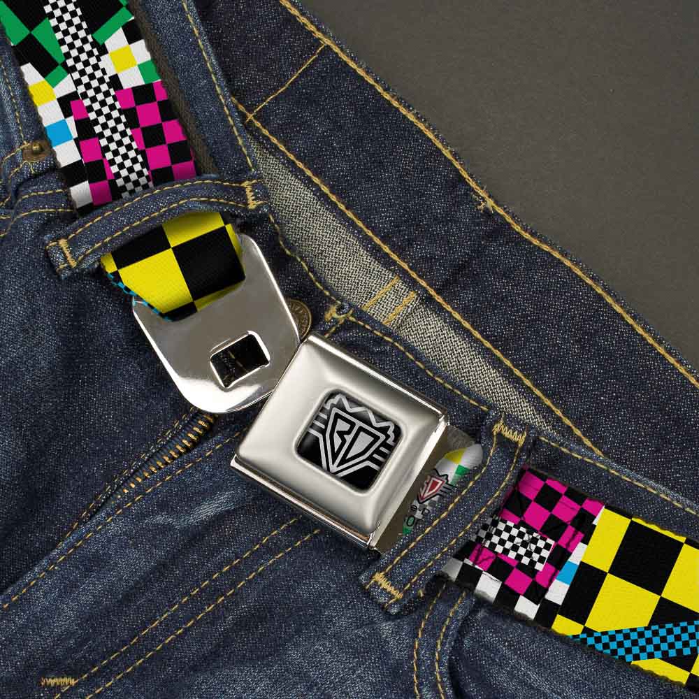 BD Wings Logo CLOSE-UP Full Color Black Silver Seatbelt Belt - Funky Checkers Black/White/Neon Webbing Seatbelt Belts Buckle-Down