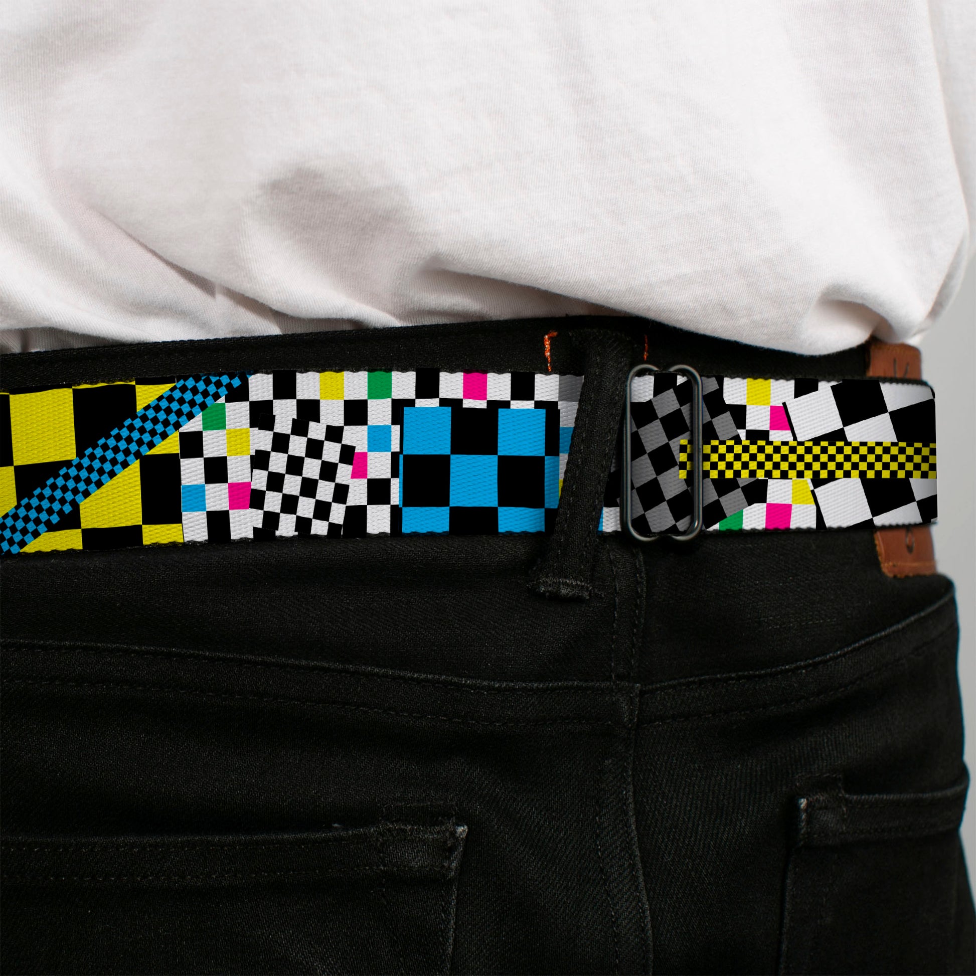 BD Wings Logo CLOSE-UP Full Color Black Silver Seatbelt Belt - Funky Checkers Black/White/Neon Webbing Seatbelt Belts Buckle-Down