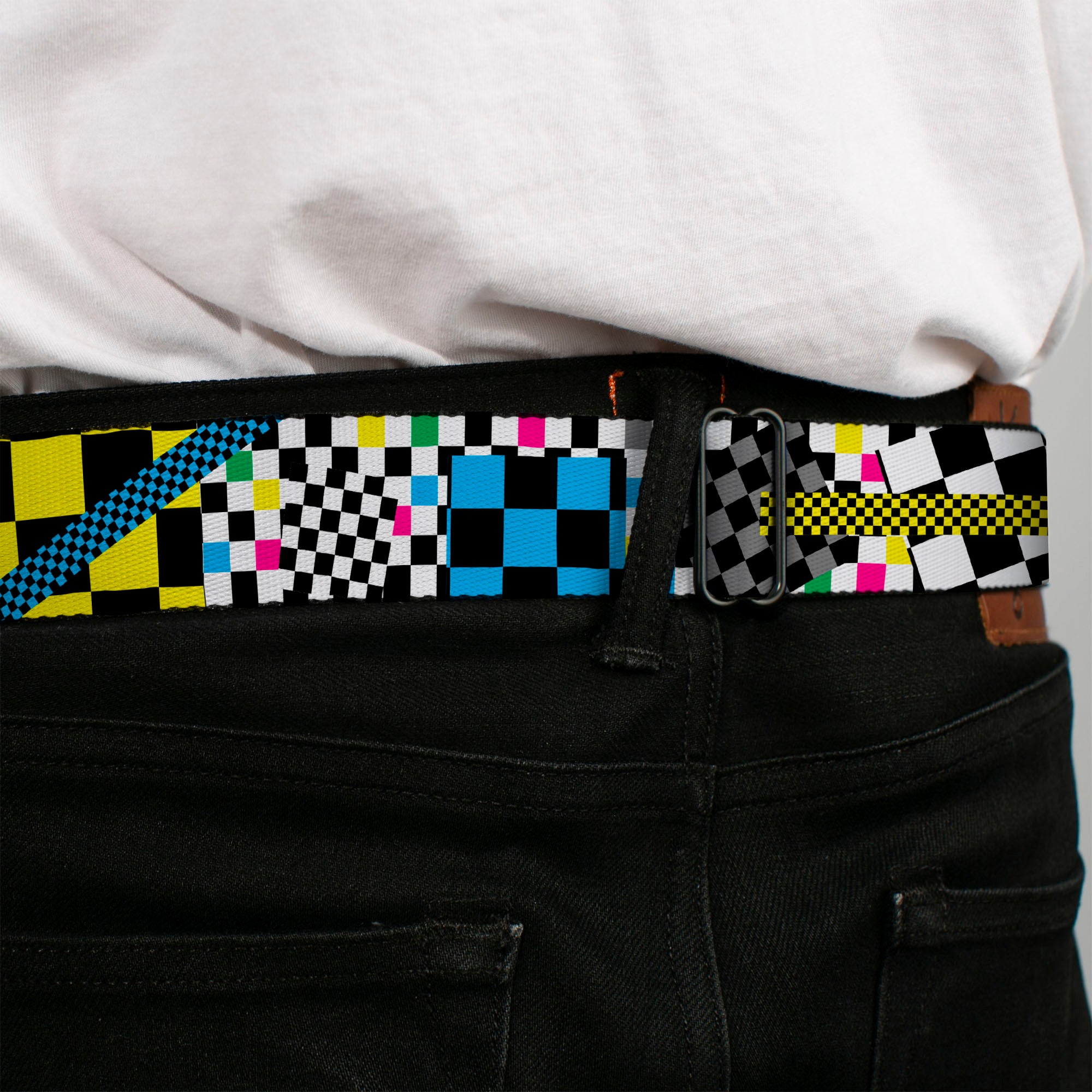 BD Wings Logo CLOSE-UP Full Color Black Silver Seatbelt Belt - Funky Checkers Black/White/Neon Webbing Seatbelt Belts Buckle-Down