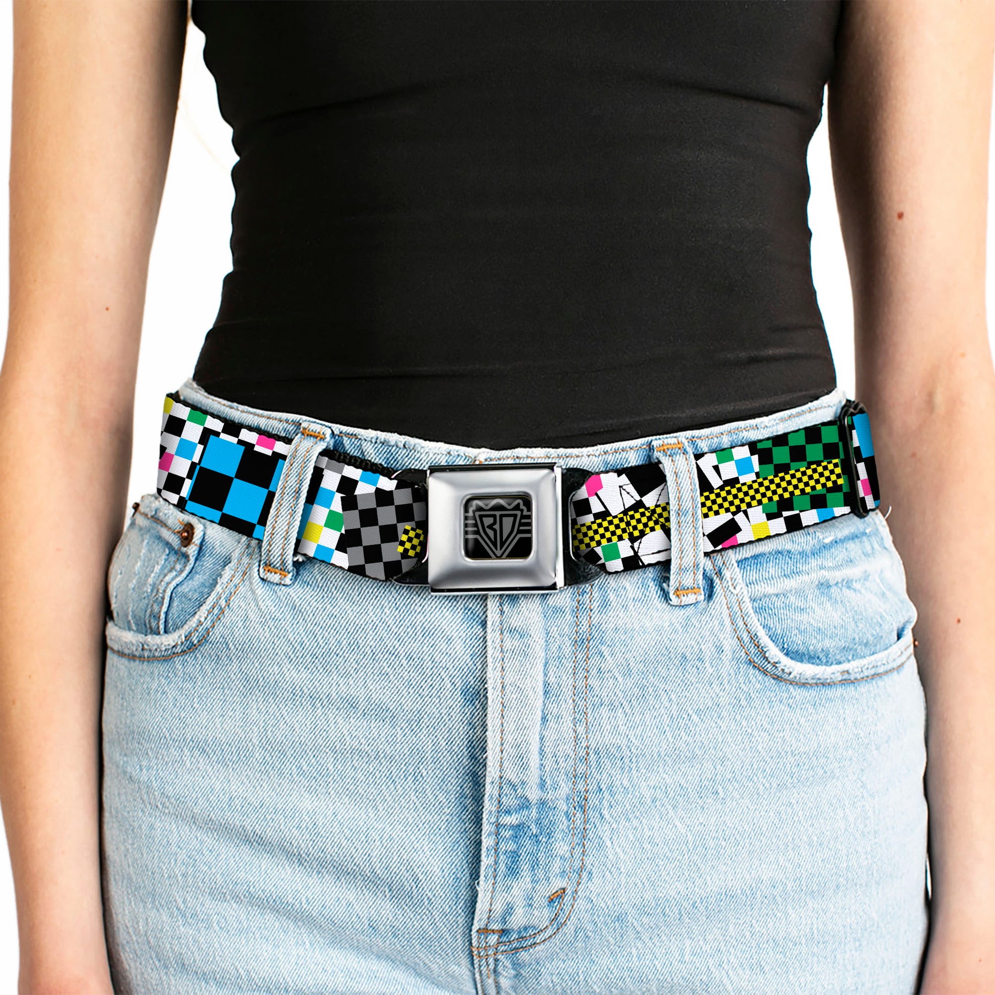 BD Wings Logo CLOSE-UP Full Color Black Silver Seatbelt Belt - Funky Checkers Black/White/Neon Webbing Seatbelt Belts Buckle-Down
