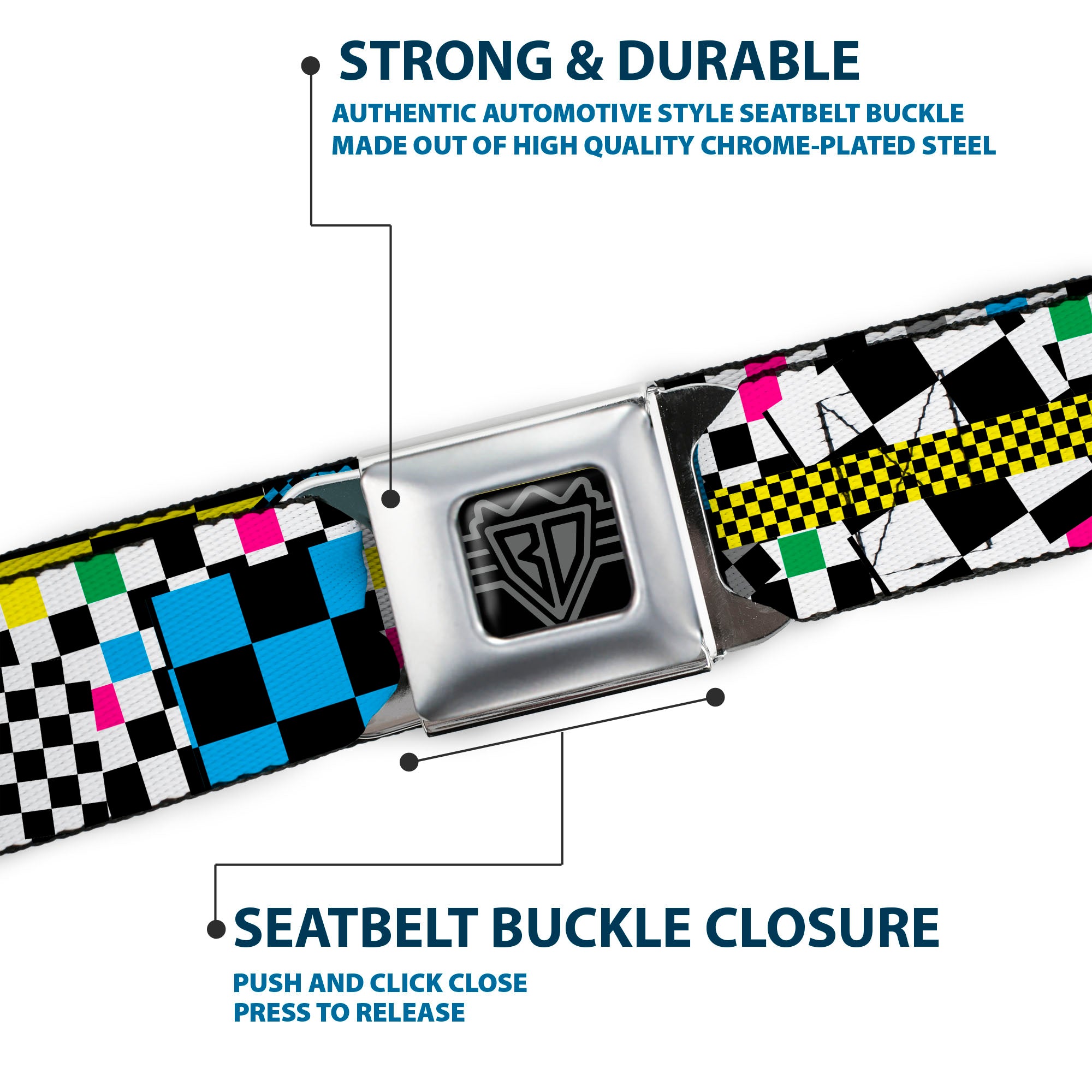 BD Wings Logo CLOSE-UP Full Color Black Silver Seatbelt Belt - Funky Checkers Black/White/Neon Webbing Seatbelt Belts Buckle-Down