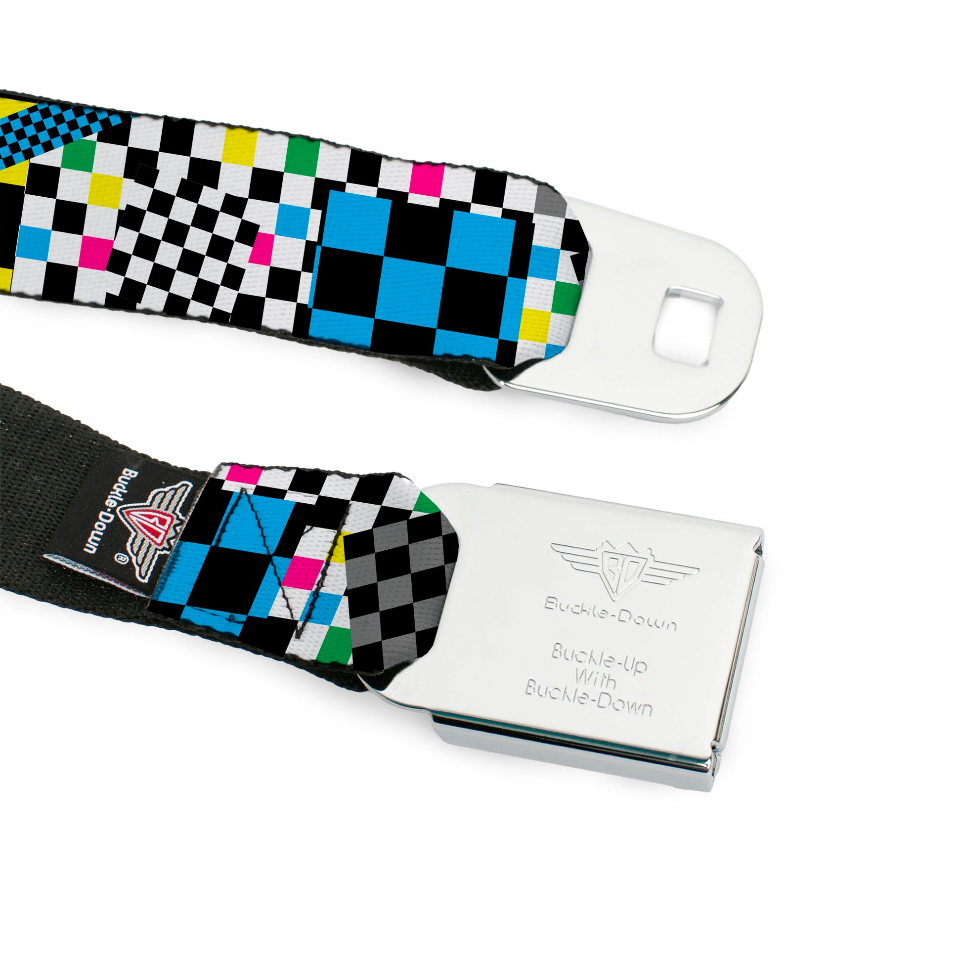 BD Wings Logo CLOSE-UP Full Color Black Silver Seatbelt Belt - Funky Checkers Black/White/Neon Webbing Seatbelt Belts Buckle-Down