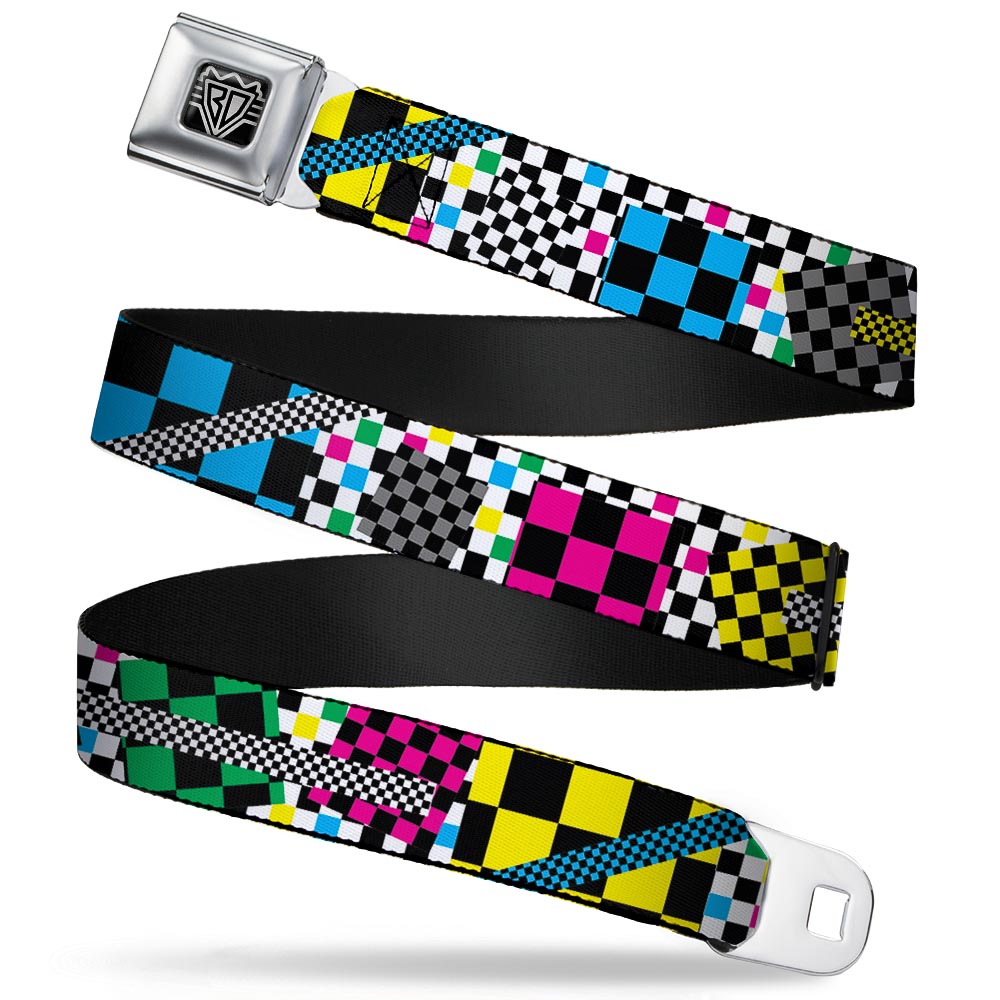 BD Wings Logo CLOSE-UP Full Color Black Silver Seatbelt Belt - Funky Checkers Black/White/Neon Webbing Seatbelt Belts Buckle-Down