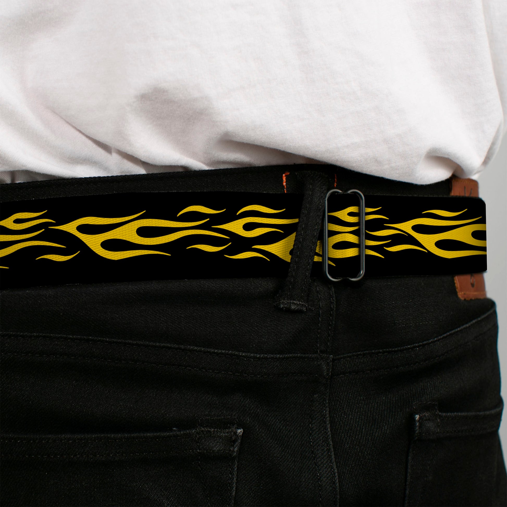 BD Wings Logo CLOSE-UP Full Color Black Silver Seatbelt Belt - Flame Yellow Webbing Seatbelt Belts Buckle-Down