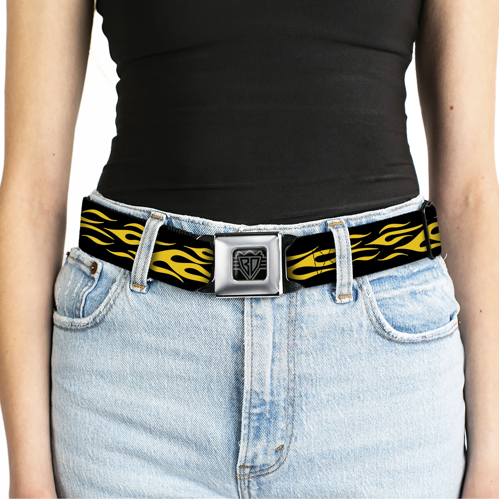 BD Wings Logo CLOSE-UP Full Color Black Silver Seatbelt Belt - Flame Yellow Webbing Seatbelt Belts Buckle-Down