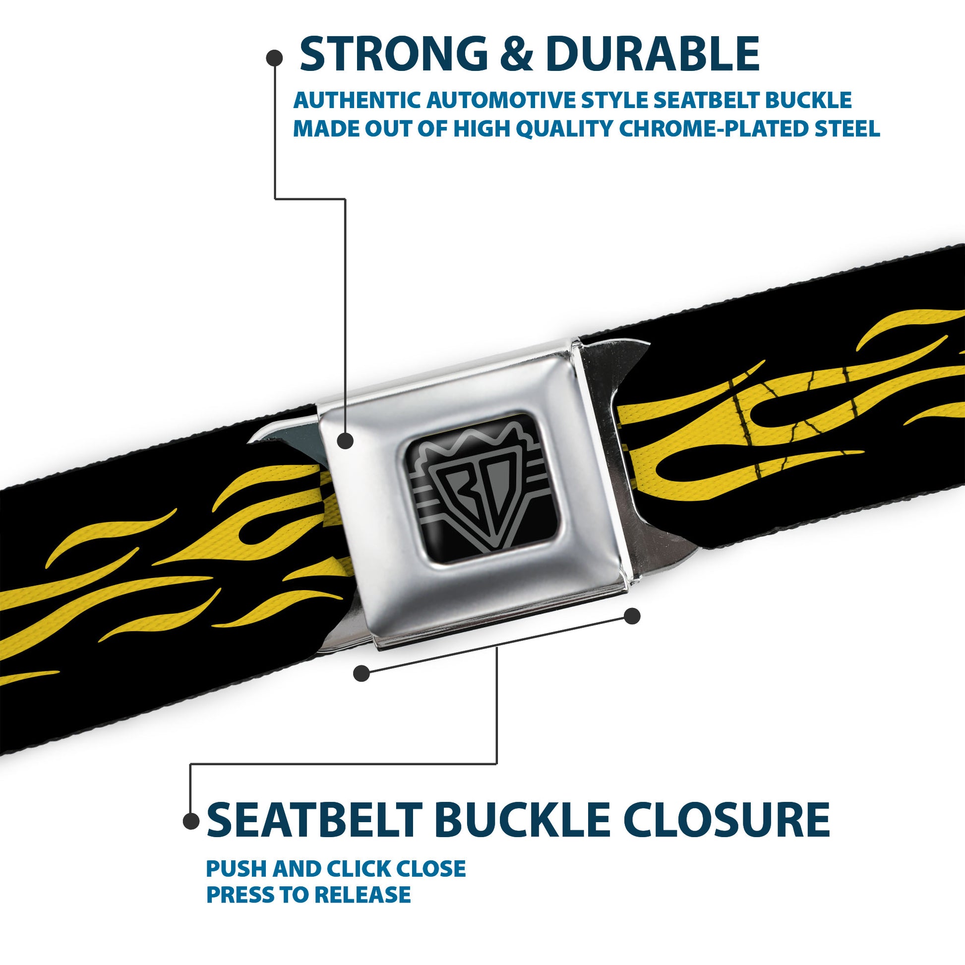 BD Wings Logo CLOSE-UP Full Color Black Silver Seatbelt Belt - Flame Yellow Webbing Seatbelt Belts Buckle-Down