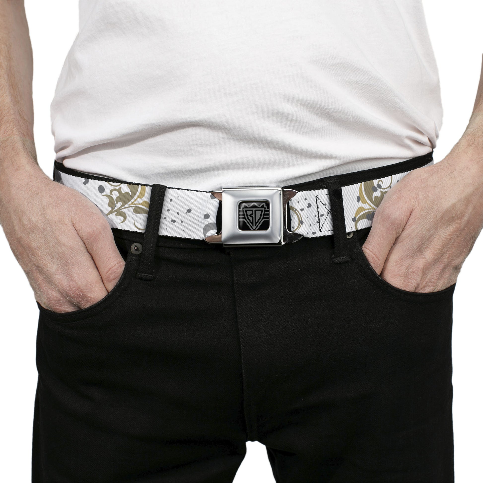 BD Wings Logo CLOSE-UP Full Color Black Silver Seatbelt Belt - Flower Splatter White/Gray Webbing Seatbelt Belts Buckle-Down