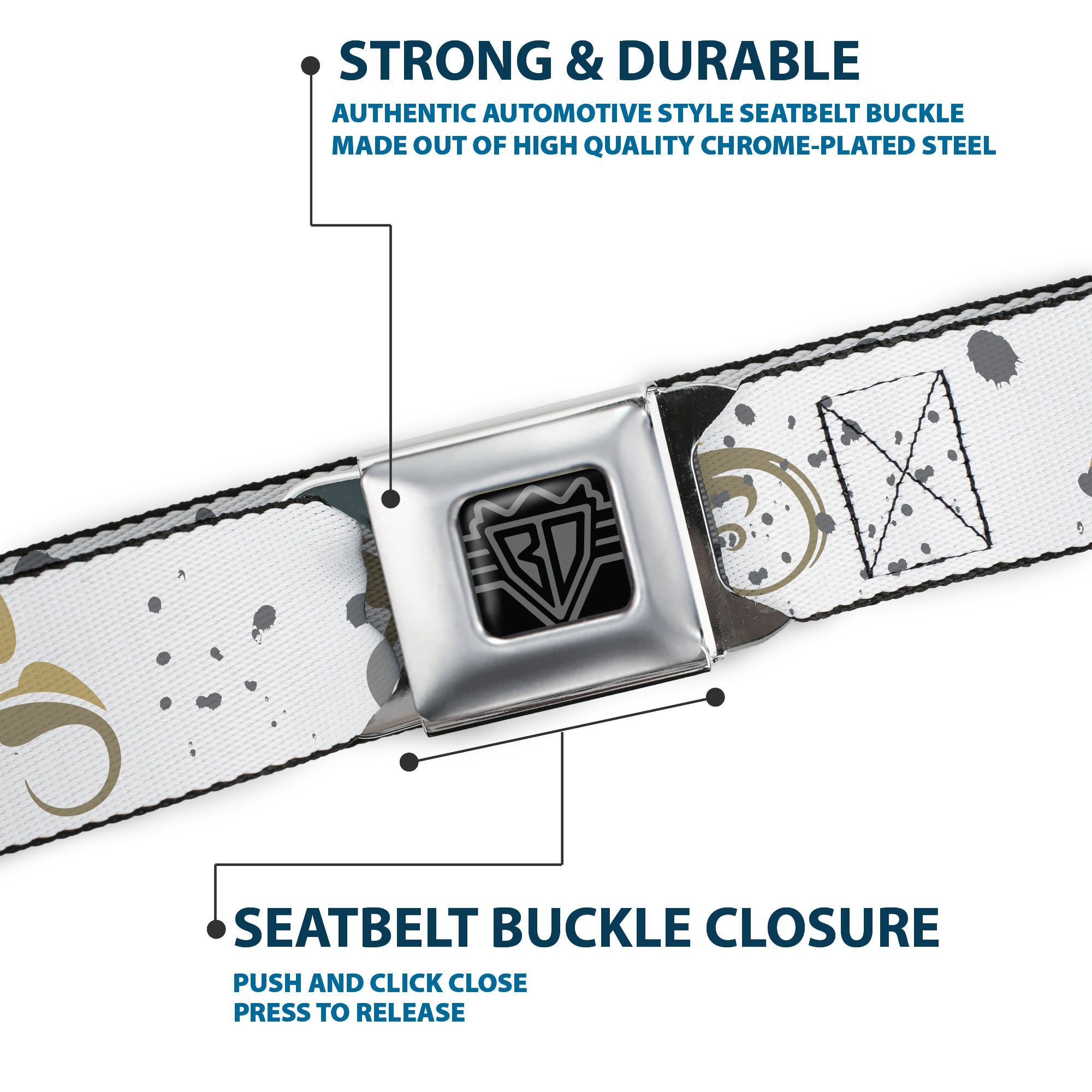 BD Wings Logo CLOSE-UP Full Color Black Silver Seatbelt Belt - Flower Splatter White/Gray Webbing Seatbelt Belts Buckle-Down