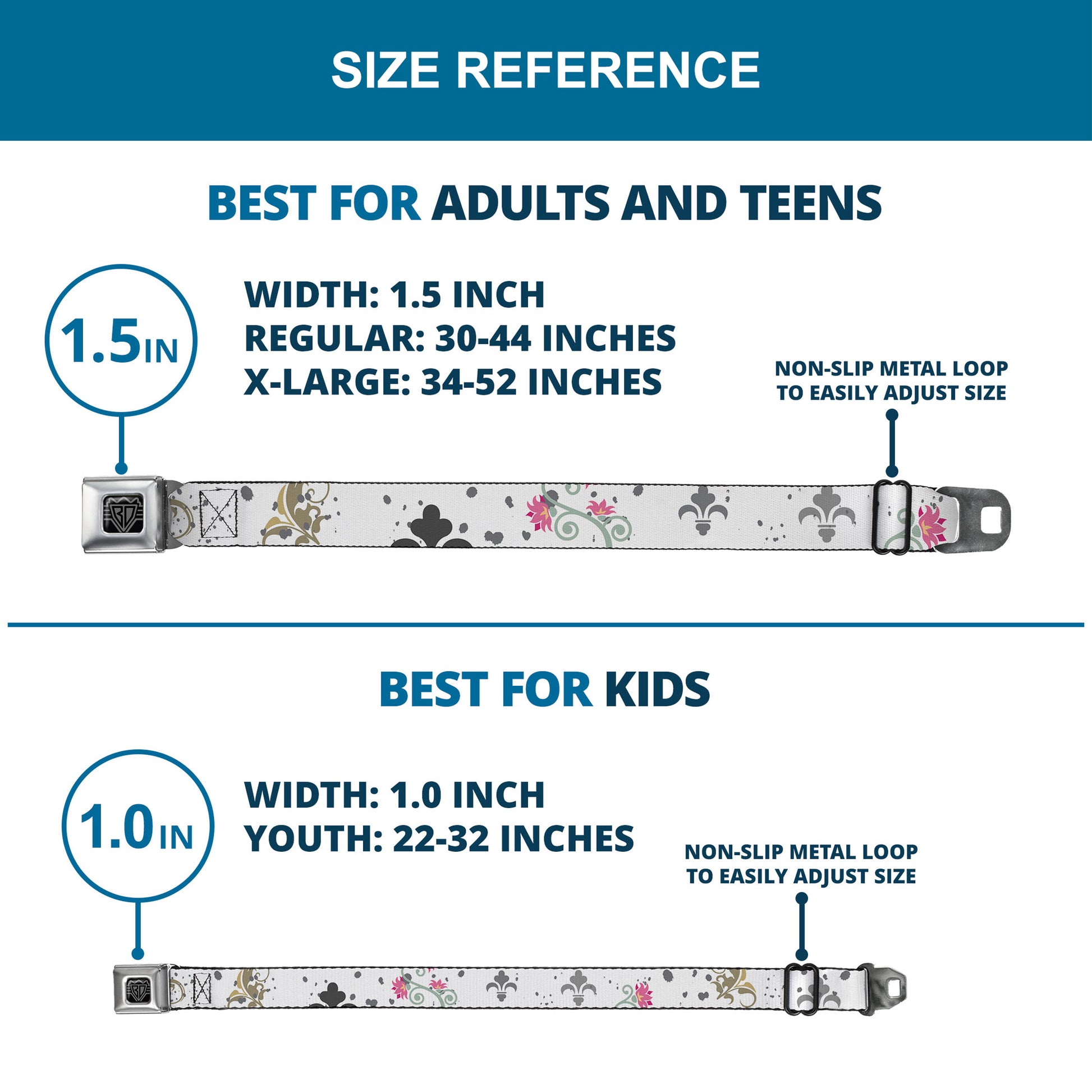 BD Wings Logo CLOSE-UP Full Color Black Silver Seatbelt Belt - Flower Splatter White/Gray Webbing Seatbelt Belts Buckle-Down