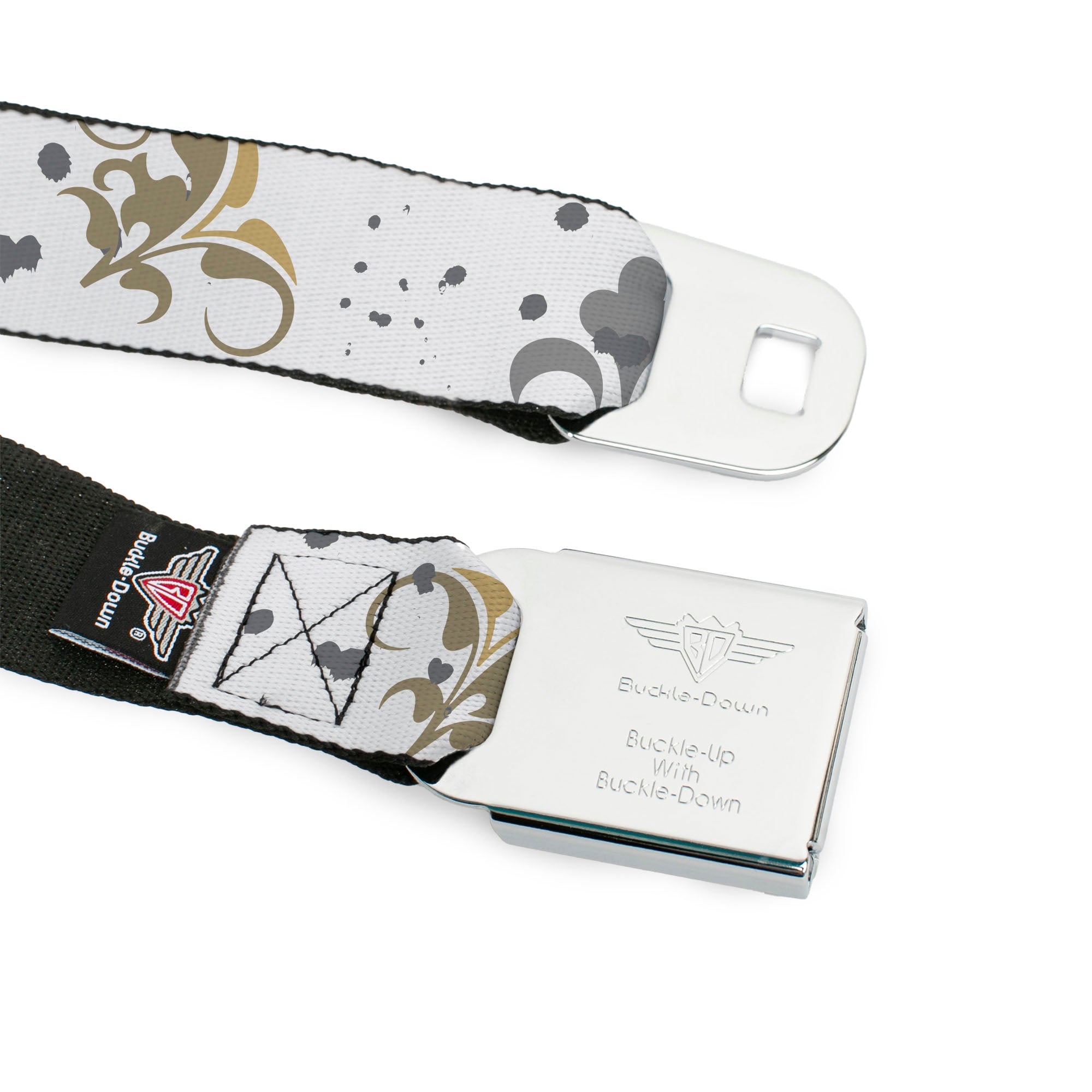 BD Wings Logo CLOSE-UP Full Color Black Silver Seatbelt Belt - Flower Splatter White/Gray Webbing Seatbelt Belts Buckle-Down