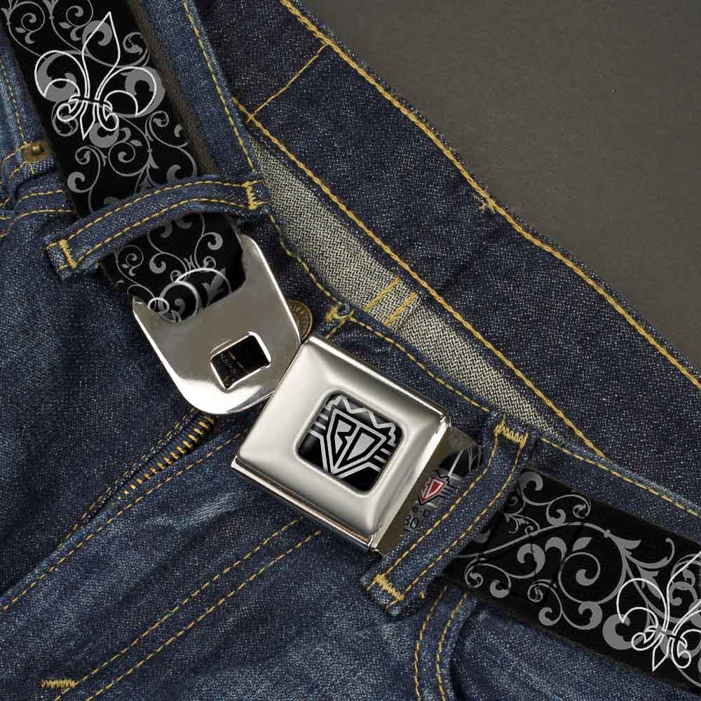 BD Wings Logo CLOSE-UP Full Color Black Silver Seatbelt Belt - Fleur-de-Lis Outline w/Filigree Black/Gray Webbing Seatbelt Belts Buckle-Down