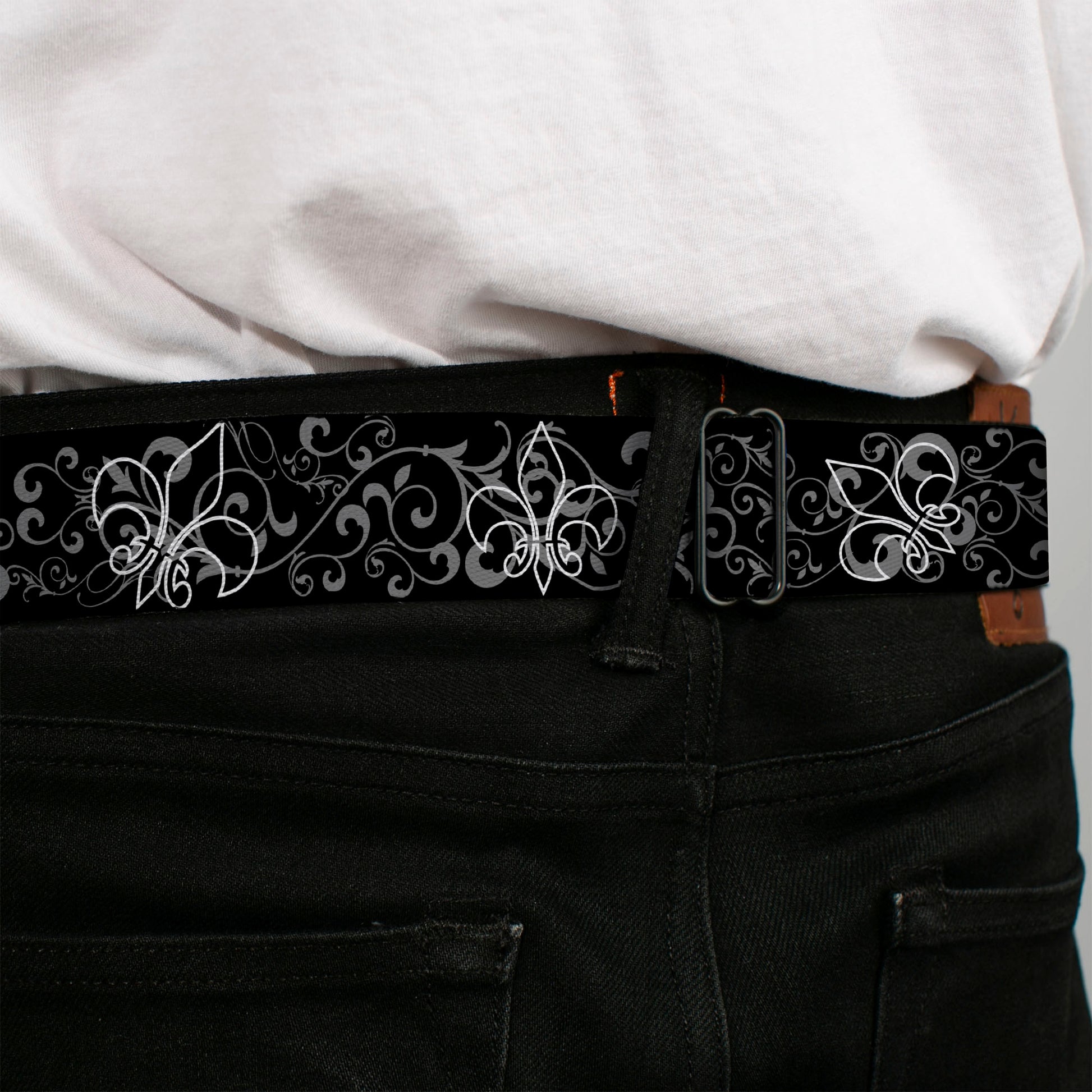 BD Wings Logo CLOSE-UP Full Color Black Silver Seatbelt Belt - Fleur-de-Lis Outline w/Filigree Black/Gray Webbing Seatbelt Belts Buckle-Down