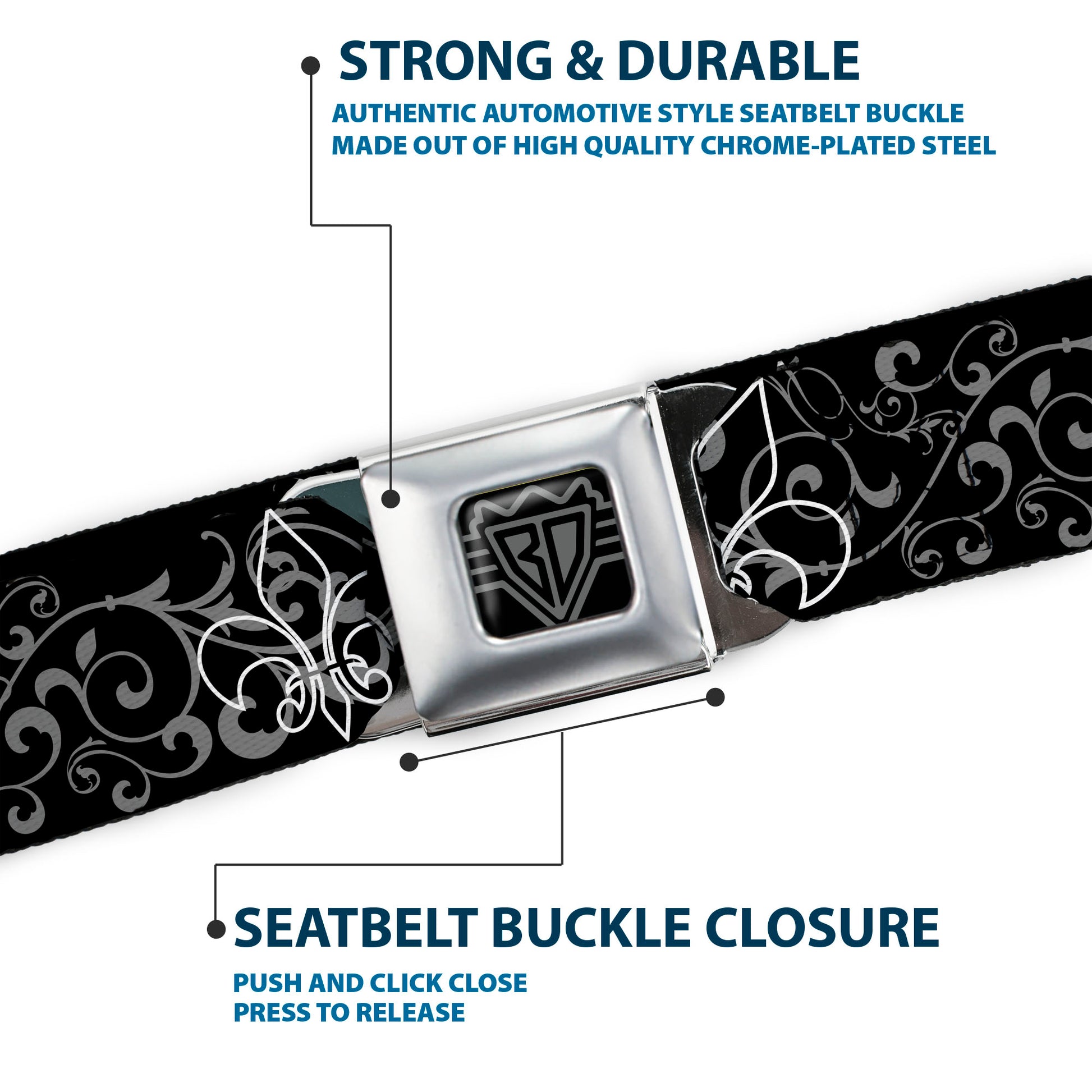BD Wings Logo CLOSE-UP Full Color Black Silver Seatbelt Belt - Fleur-de-Lis Outline w/Filigree Black/Gray Webbing Seatbelt Belts Buckle-Down