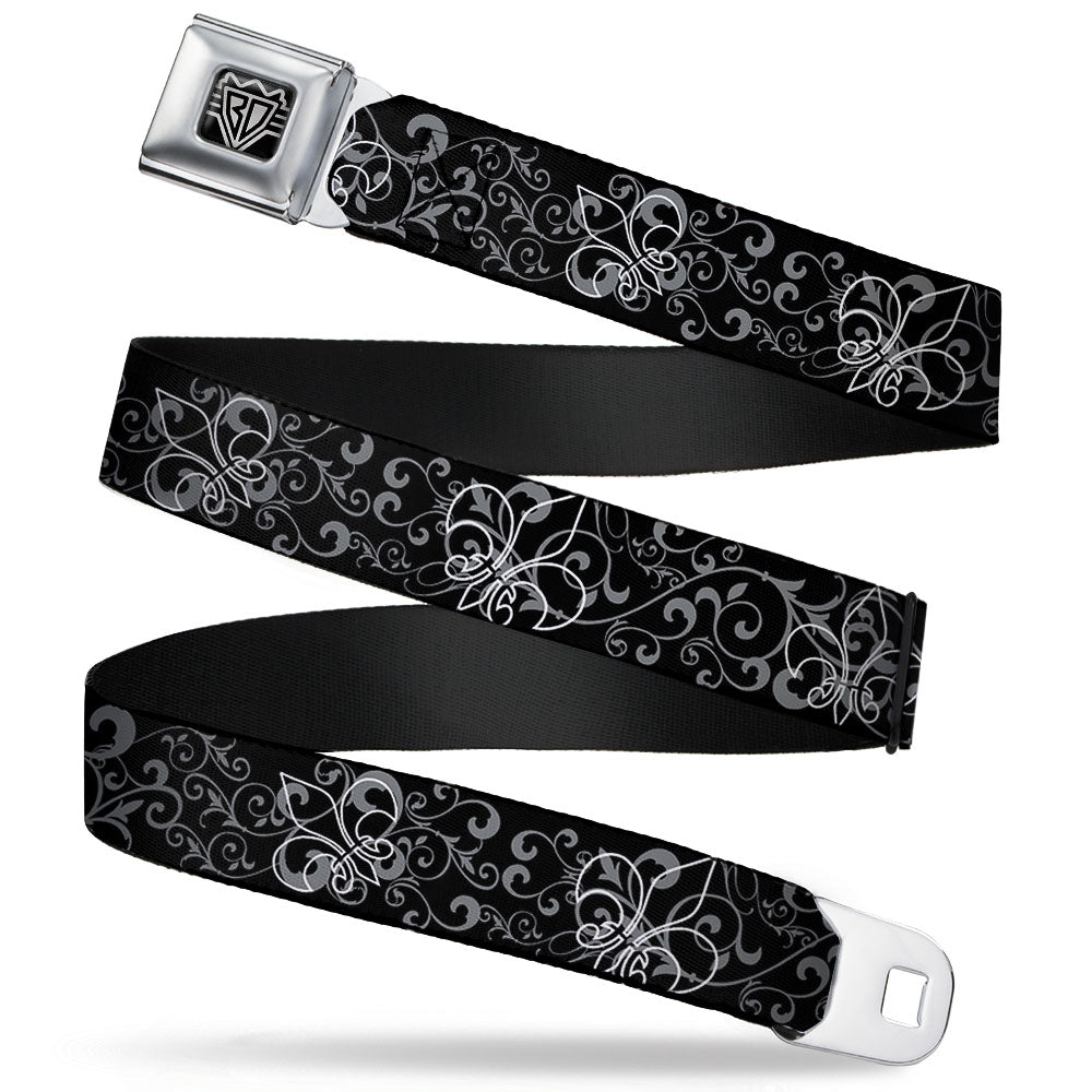 BD Wings Logo CLOSE-UP Full Color Black Silver Seatbelt Belt - Fleur-de-Lis Outline w/Filigree Black/Gray Webbing Seatbelt Belts Buckle-Down