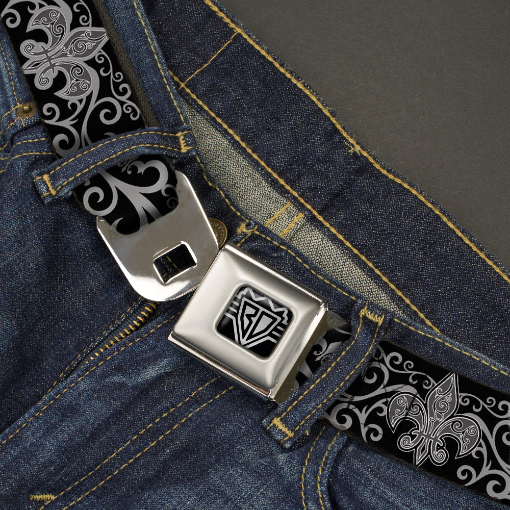 BD Wings Logo CLOSE-UP Full Color Black Silver Seatbelt Belt - Fleur-de-Lis w/Filigree Black/Gray Webbing Seatbelt Belts Buckle-Down