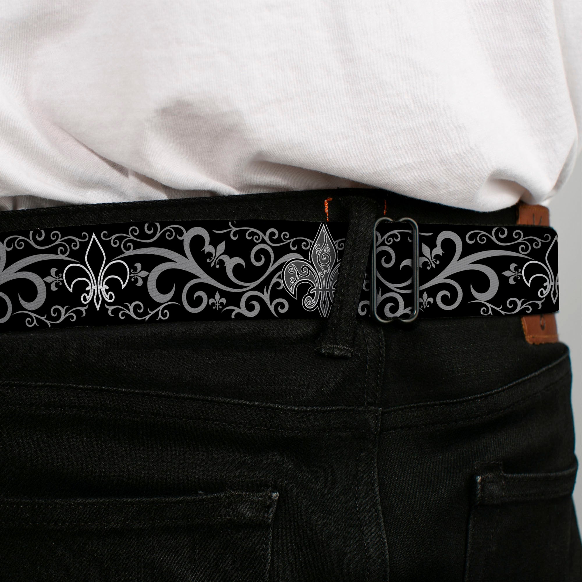 BD Wings Logo CLOSE-UP Full Color Black Silver Seatbelt Belt - Fleur-de-Lis w/Filigree Black/Gray Webbing Seatbelt Belts Buckle-Down